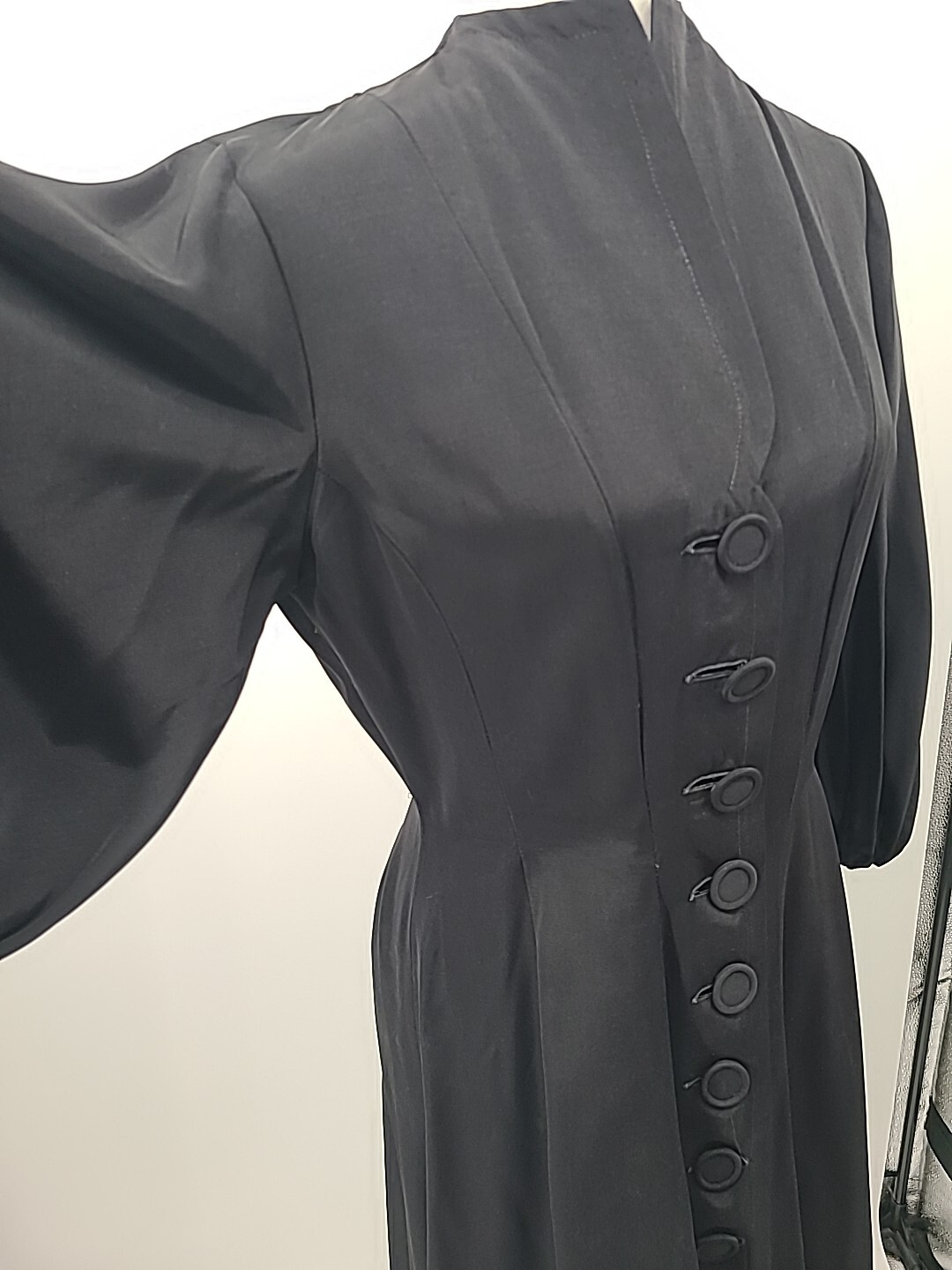 Rare VTG 1930s 40s Button Down Dress, Black With Bubble Sleeves & Full Skirt, LG