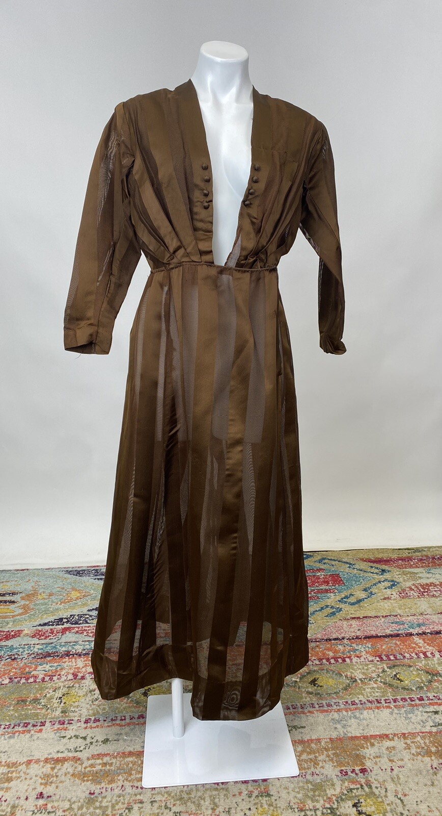 Brown Silk Net Striped Antique Victorian Walking Dress Edwardian 1900s AS IS