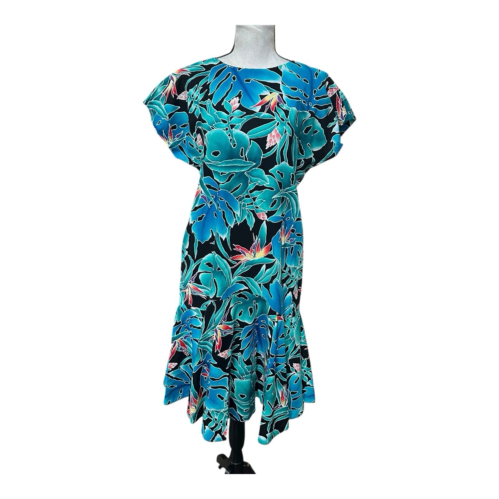 Vintage Hilo Hattie Hawaiian Floral Drop Waist Ruffle Hem Dress M Cotton