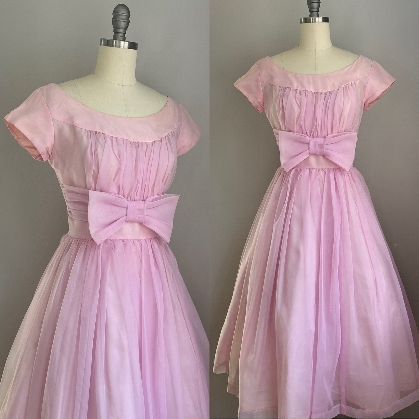 Vintage 1950’s Pink Chiffon Rockabilly Pinup Party Bow Dress XS