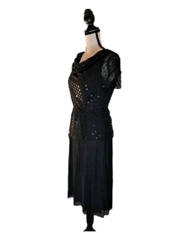 Vintage 70s 80s Another Thyme Black Sequin Cocktail Wedding Party Dress Sz 6