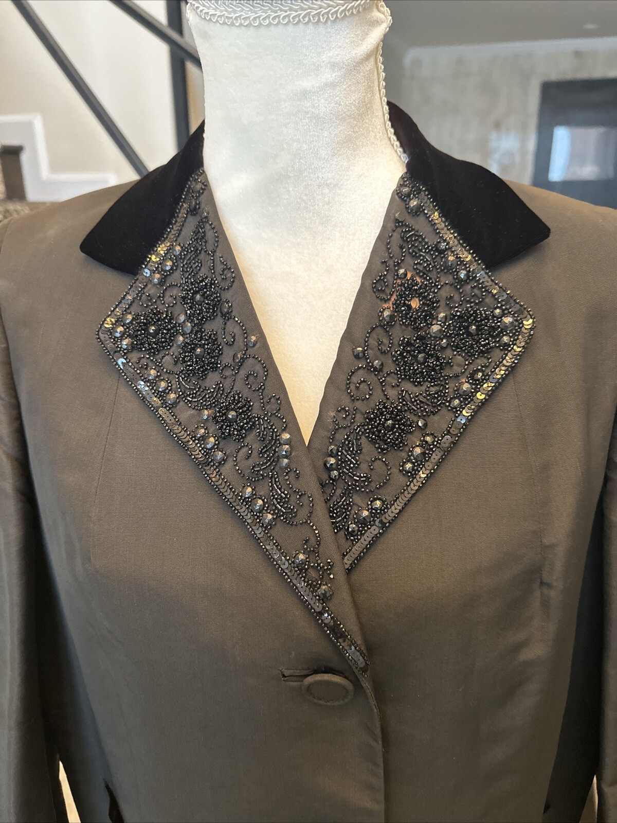 Bonwit Teller 40s Black Silk Faille & Beaded Velvet Lapel Jacket M