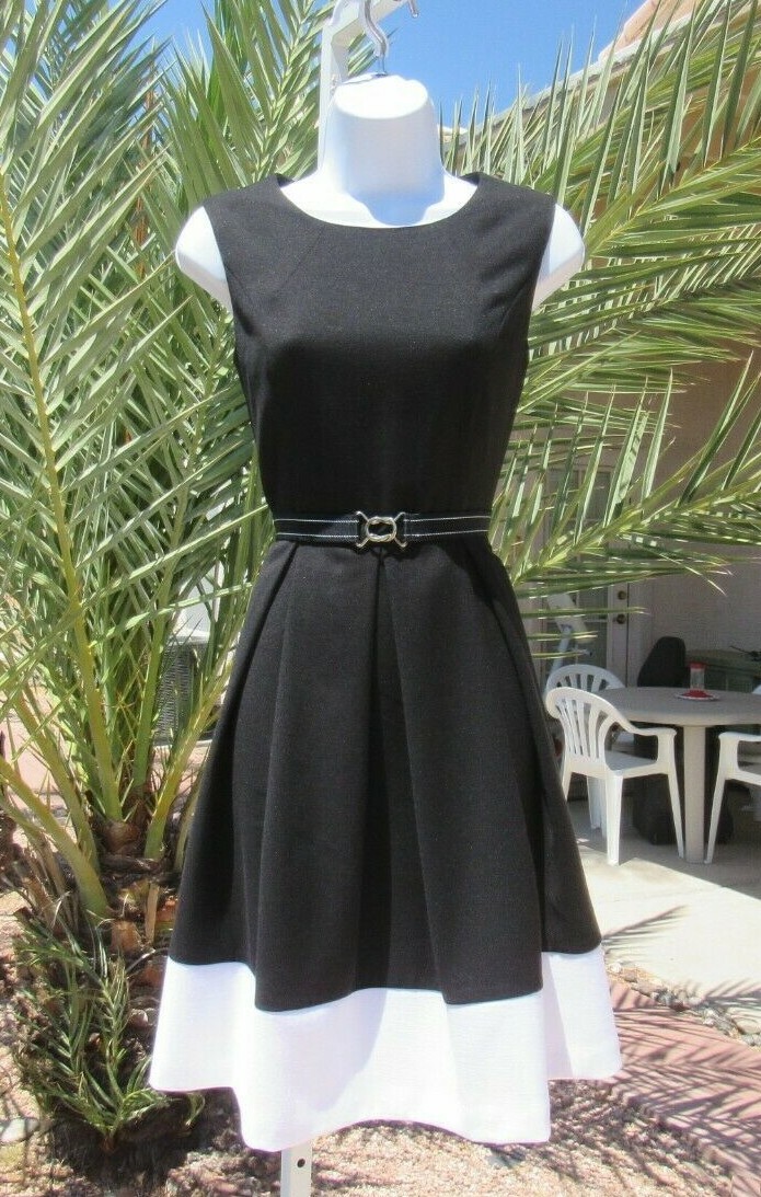 VTG 1990s 2000s LIZ CLAIBORNE BLACK WHITE PLEATED DRESS & BELT SIZE 4 SLEEVELESS