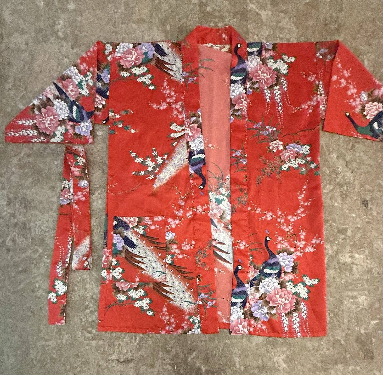 Vtg Juguemm Japanese Kimono Robe Long Red Peacock loral Print Belt NO SIZE TAG