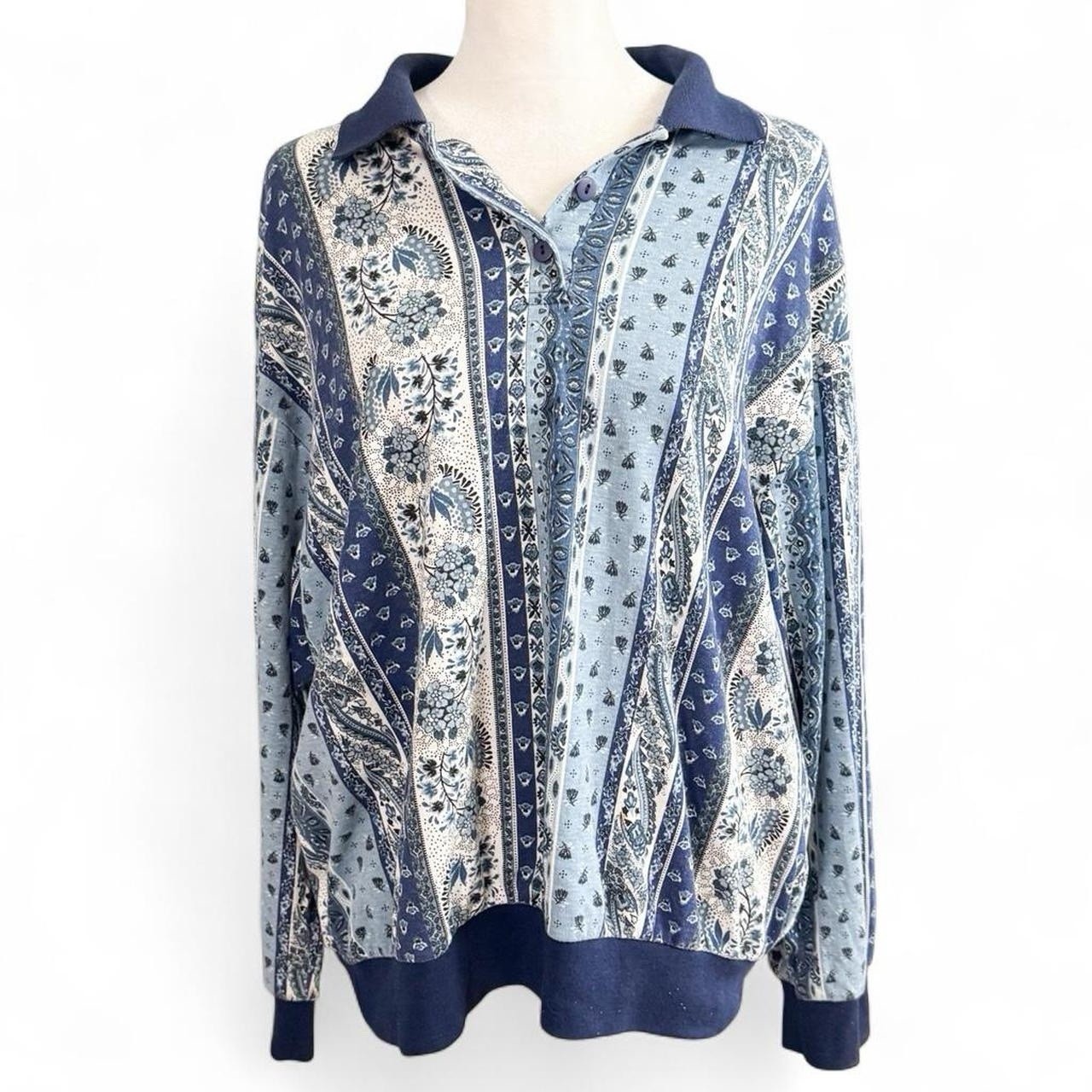 Vintage 90s Bon Worth Blue Floral Striped Collared Top Large