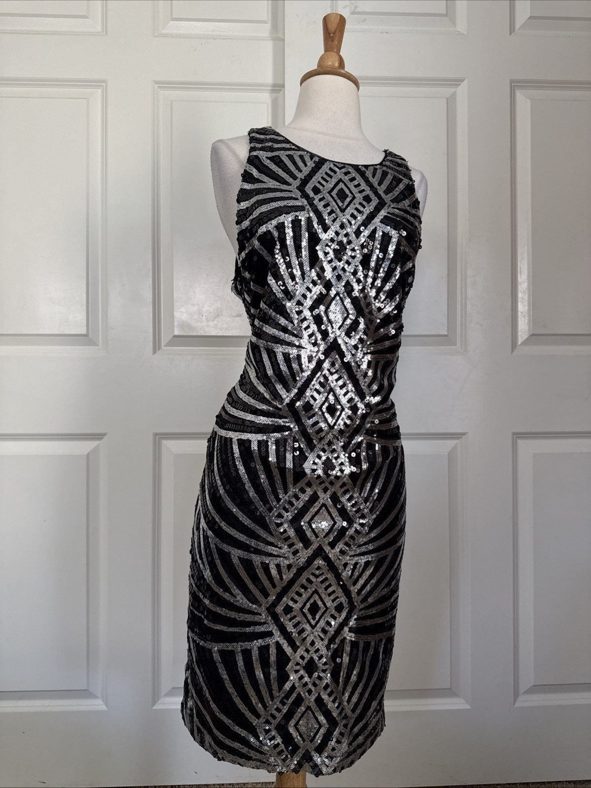 Vintage Bisou Bisou Black Silver Sequin Y2k Dress Mesh Sz 12 00s Midi Party