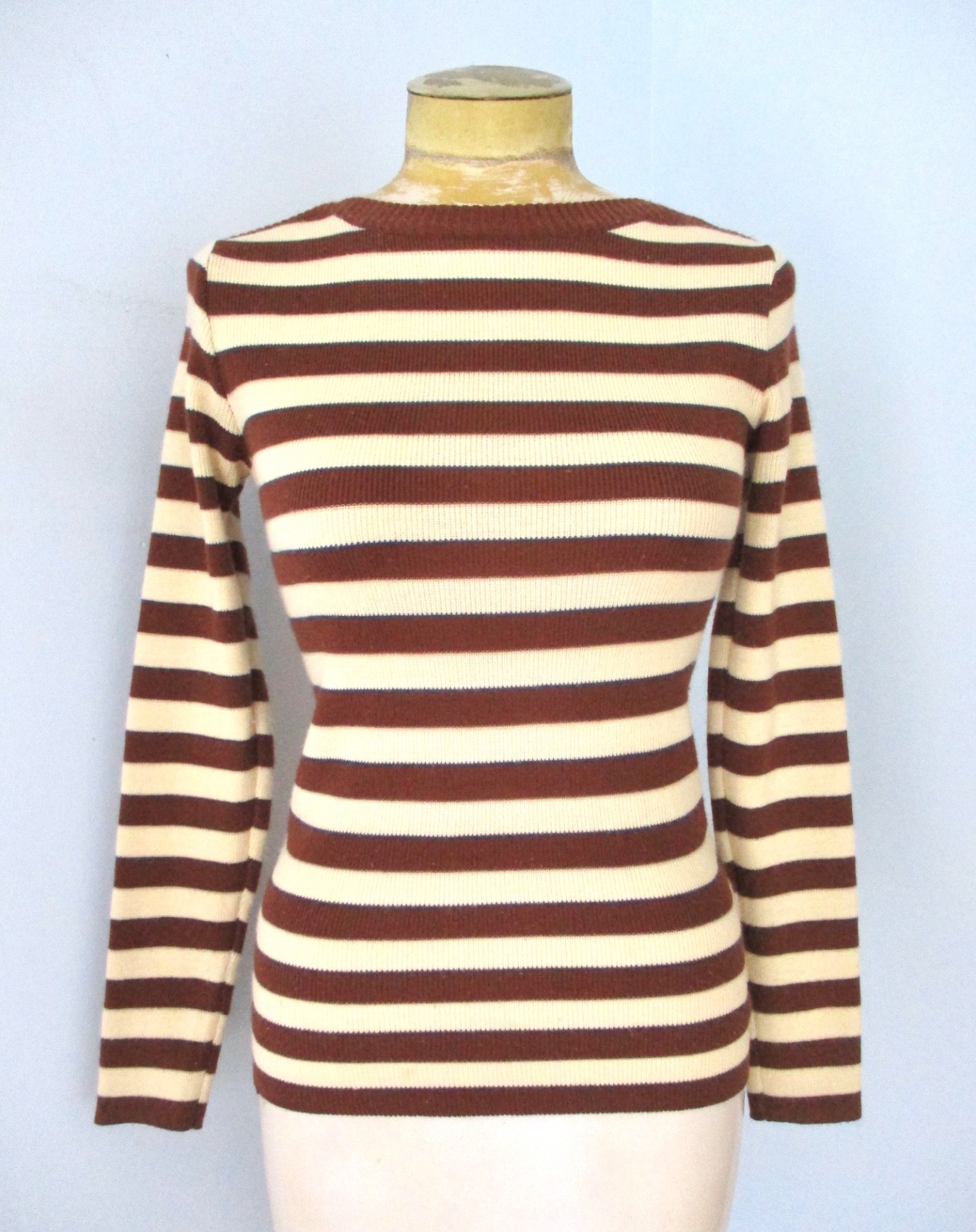 Vtg 70s Brown Cream Stripe Acrylic Knit Sweater Disco Top Shoulder Buttons S