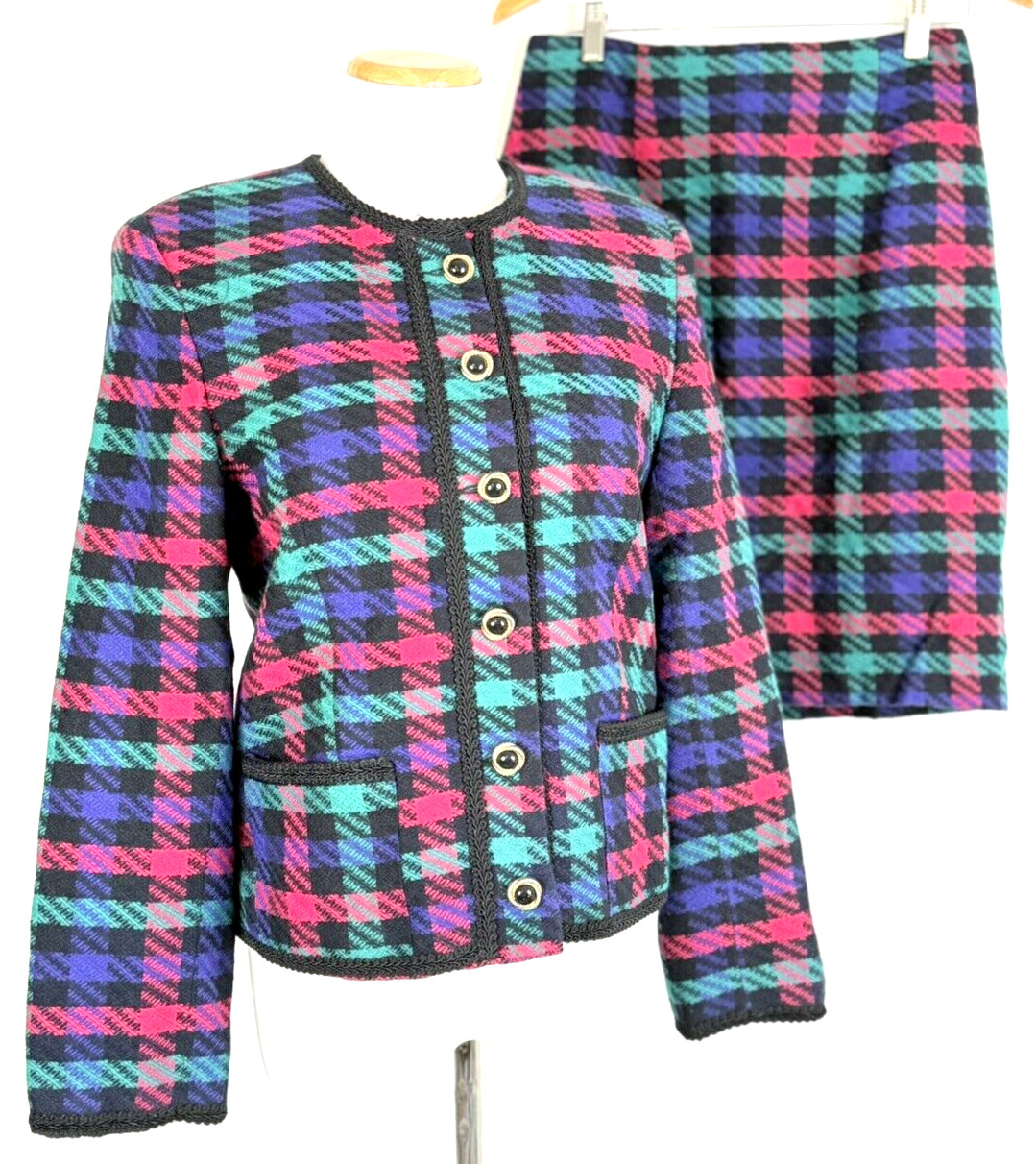 REQUIREMENTS Womens Size 8/10 Skirt Suit Vintage Plaid Tweed Jacket 8 Skirt 10
