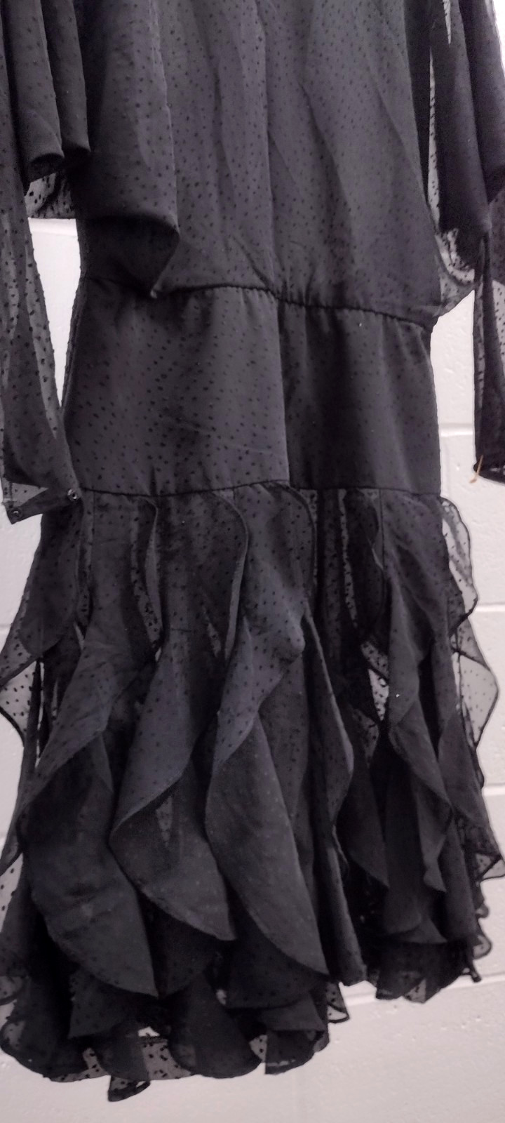 1980s Batwing Sheer Chiffon Dress Black Flapper Scallop 80s Dolman Sleeves M/L