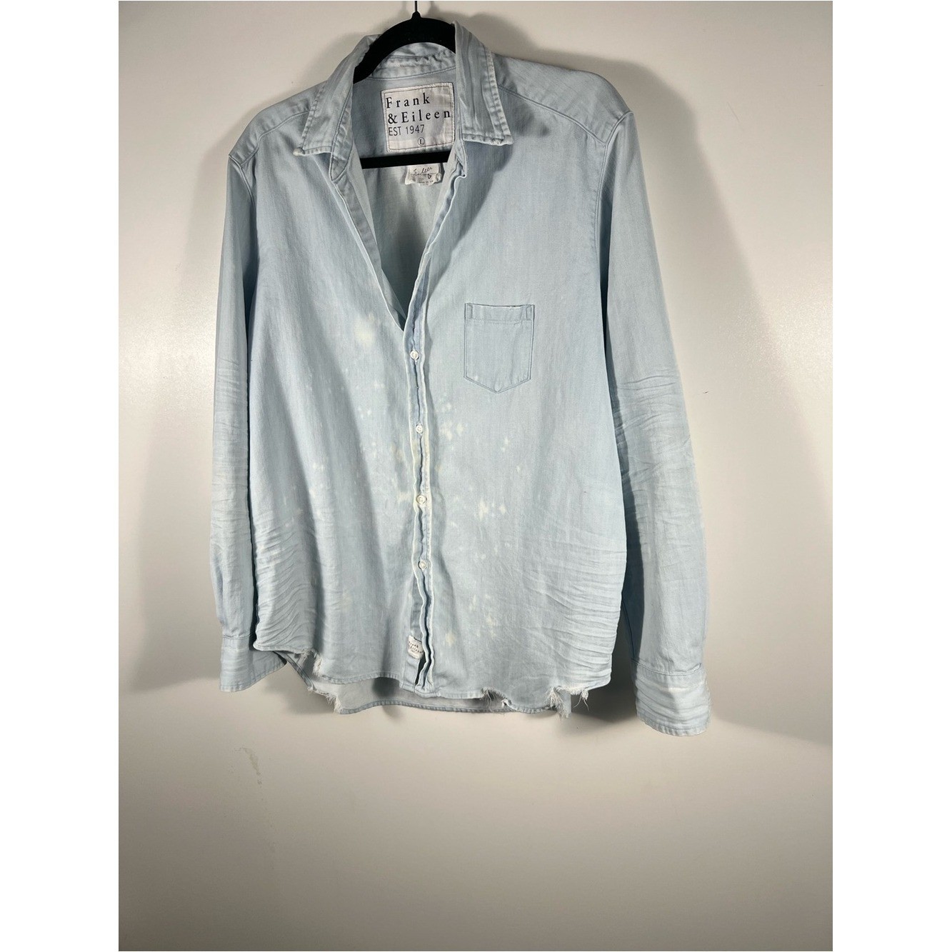 Frank & Eileen Famous Button Down Cotton Denim Distressed Splattered Shirt Sz L