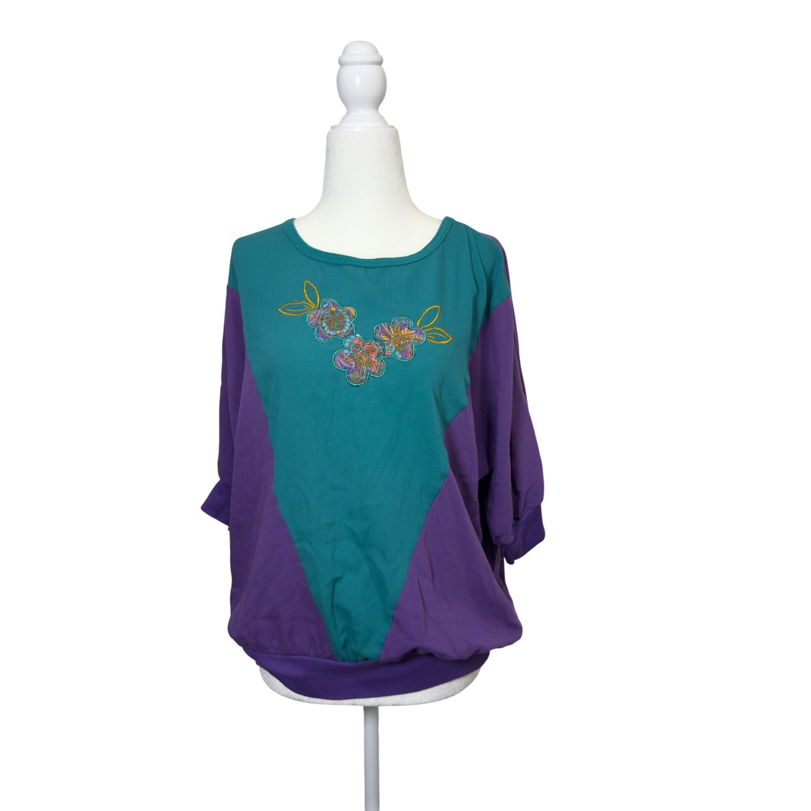 Vintage 80s Colorblock Floral Embroidered Dolman Sleeve Top Teal Purple XL
