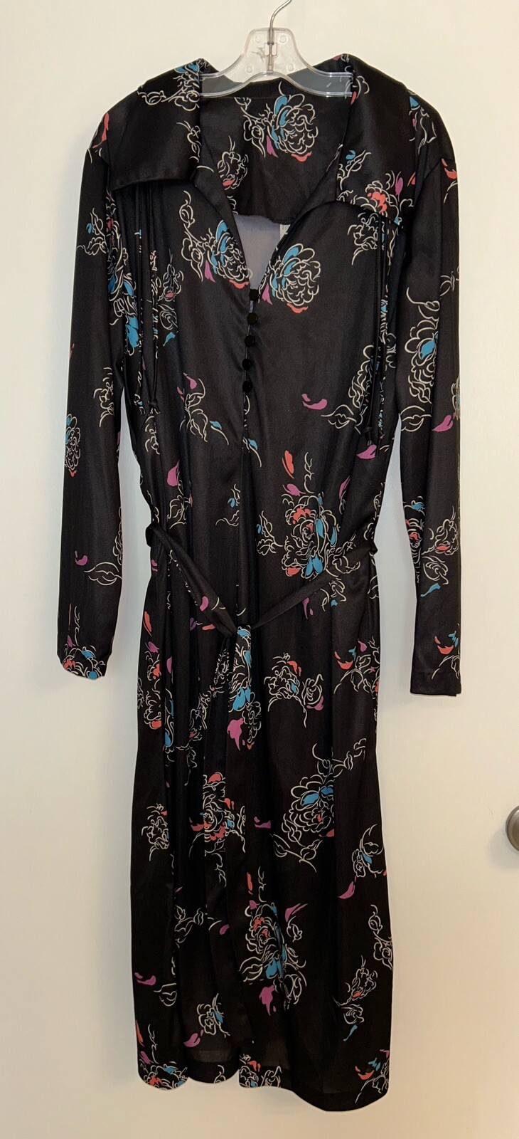 VTG 70&rsquo;s No Brand Women&rsquo;s Black Floral Jersey Knit Dress Union Made Size 20.5