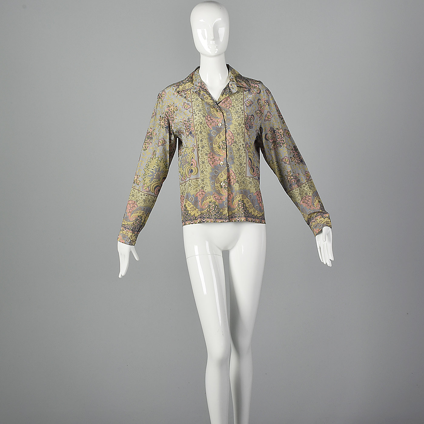 Large 1970s Byblos Silk Blouse Grey Baroque Print VTG Metallic Gold Button Up