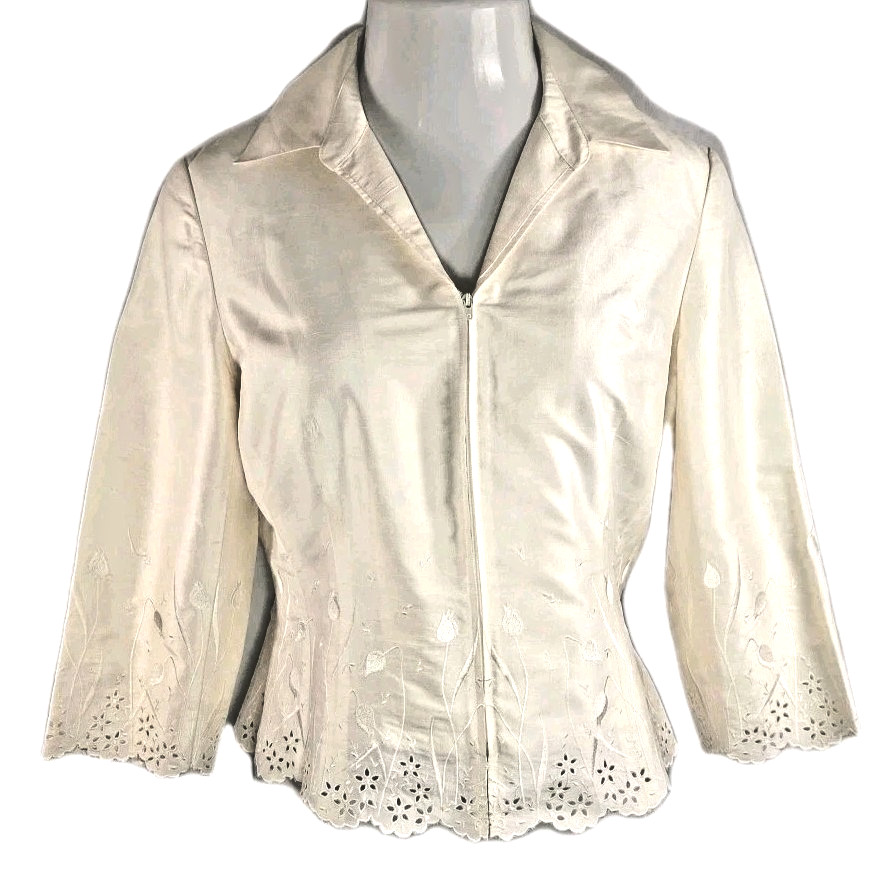 VTG Cachet Ivory 100% Silk Embroidered Evening Jacket Sz 12 Zip Front 3/4 Sleeve