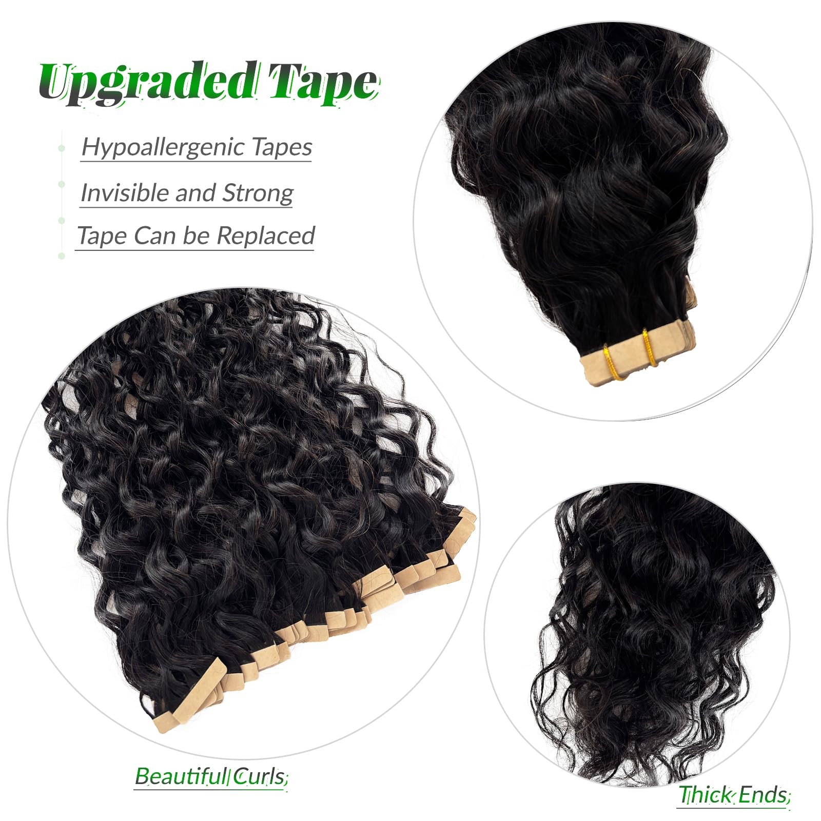 Invisible Tape in Hair Extensions Human Hair 24 Inch Water Wave Natural Black