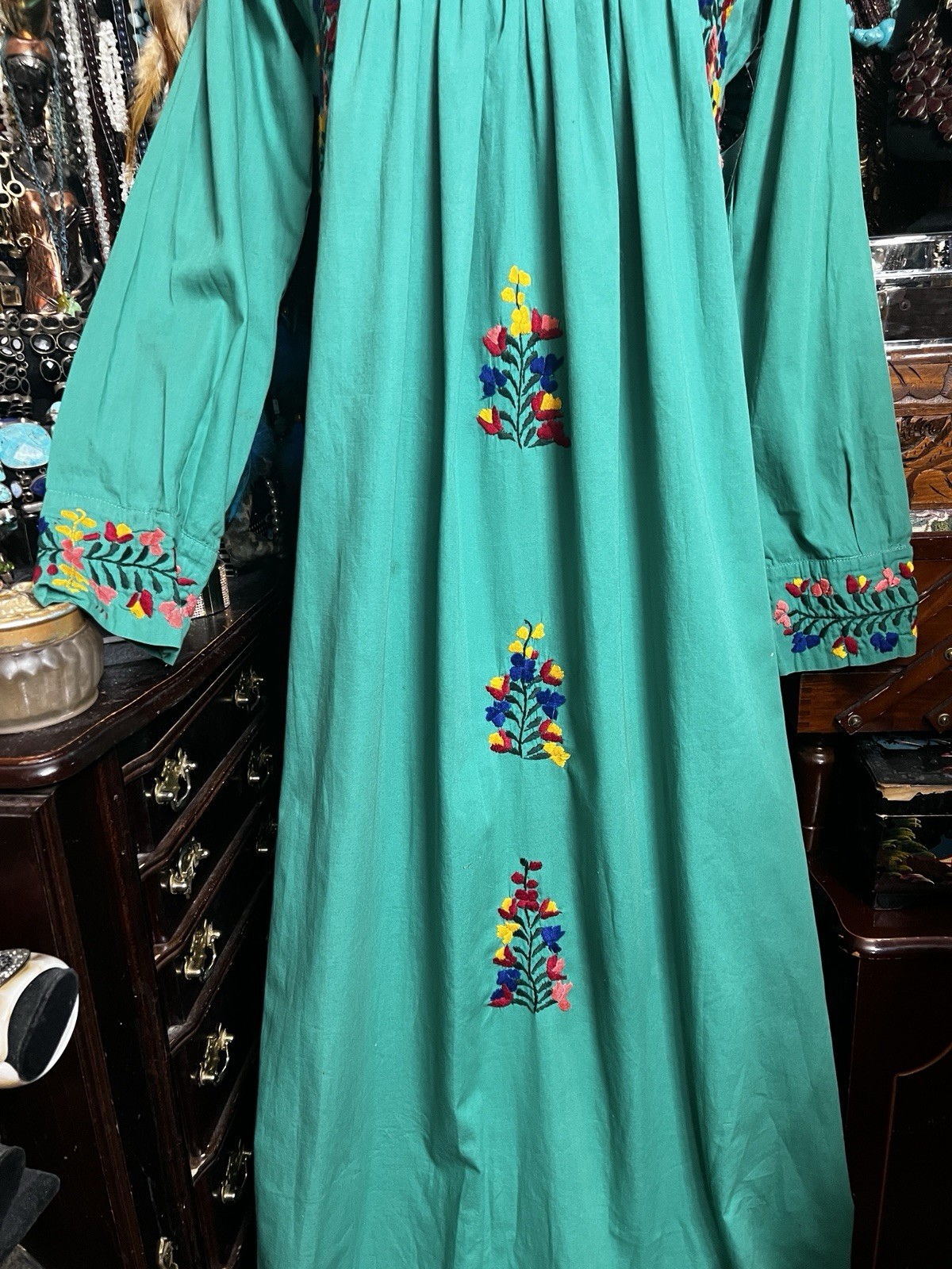 Beautiful Green Mexican Oaxaca Dress In Long Sleeve Multi Color Embroidery M/L