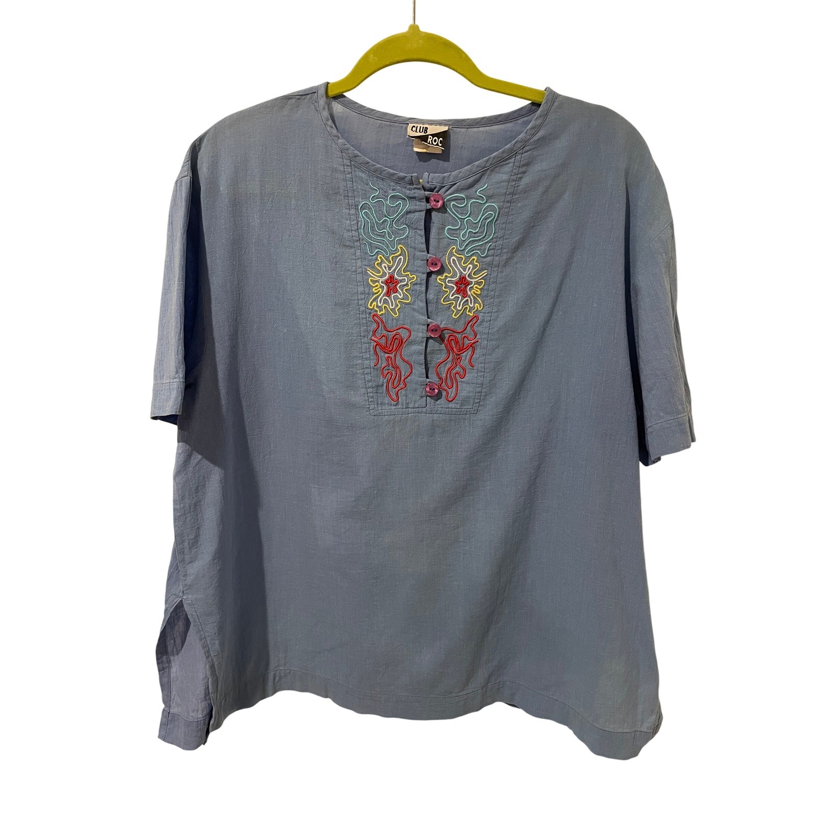 Vintage 80s 90s Club Roc Embroidered Henley Blouse Retro Blue Short Sleeve L
