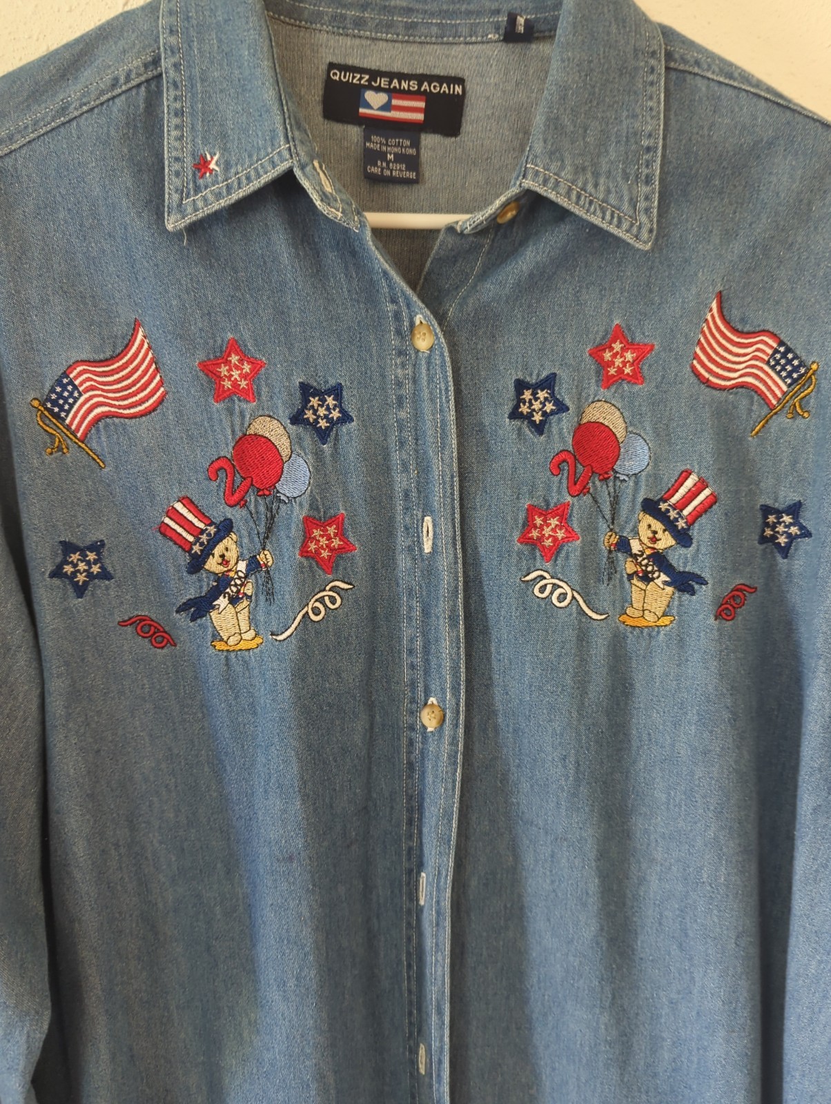Vtg Quizz Jeans Embroidered Denim Button Up Long Sleeve Shirt Lg Patriotic USA