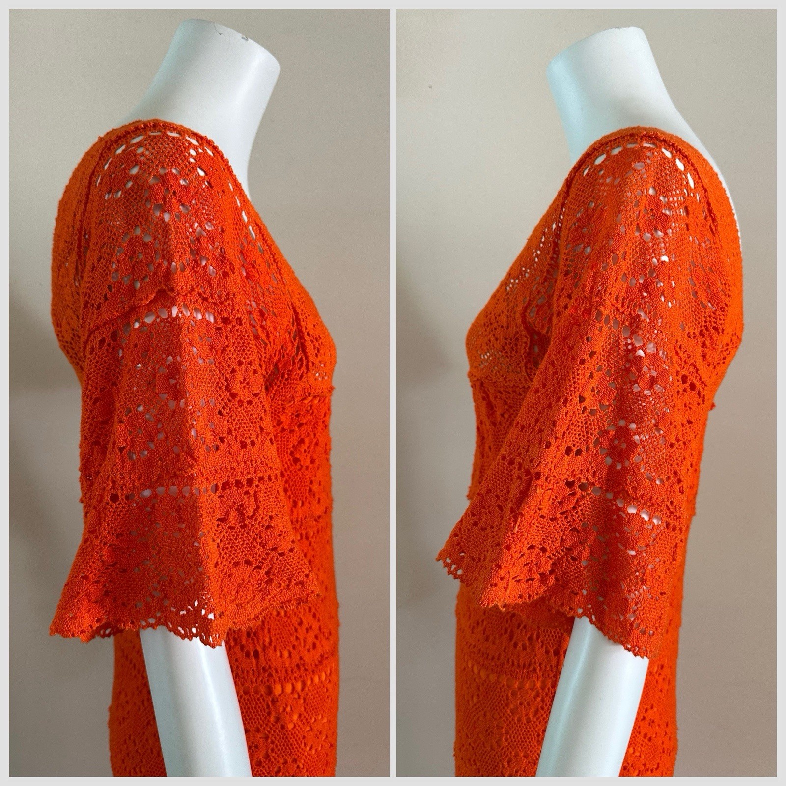 1970s Mexican Crochet Lace Maxi Dress Orange Cotton Boho Huipil XS S Vintage