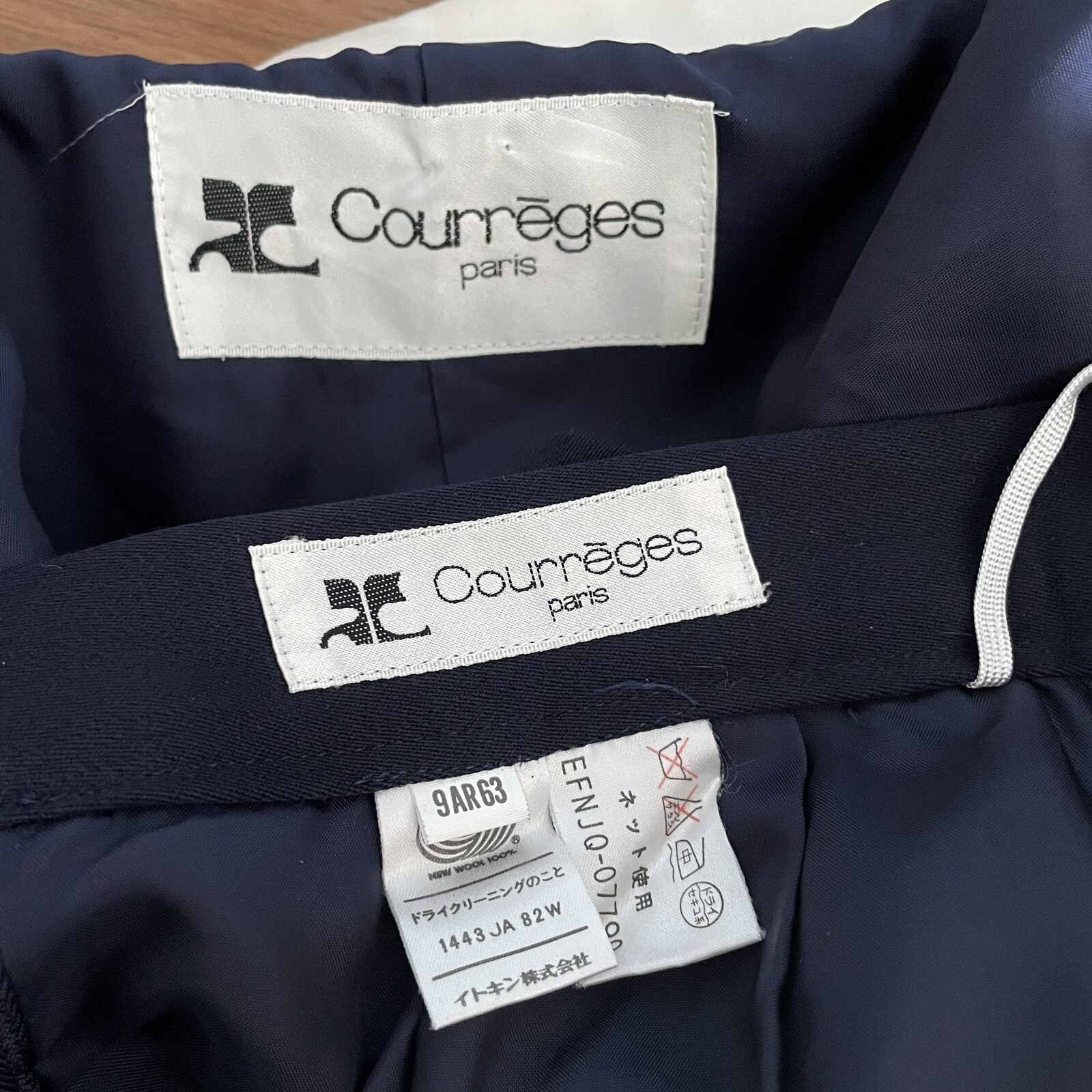 Courreges Vintage 80’s Jacket & Skirt Suit Wool Navy w/Rhinestone Buttons S