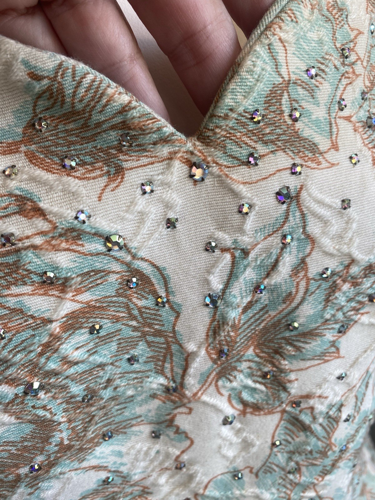 True VTG 1950s/60s Sequined All Over Floral Cocktail Dress Peach Ivory Aqua S/M