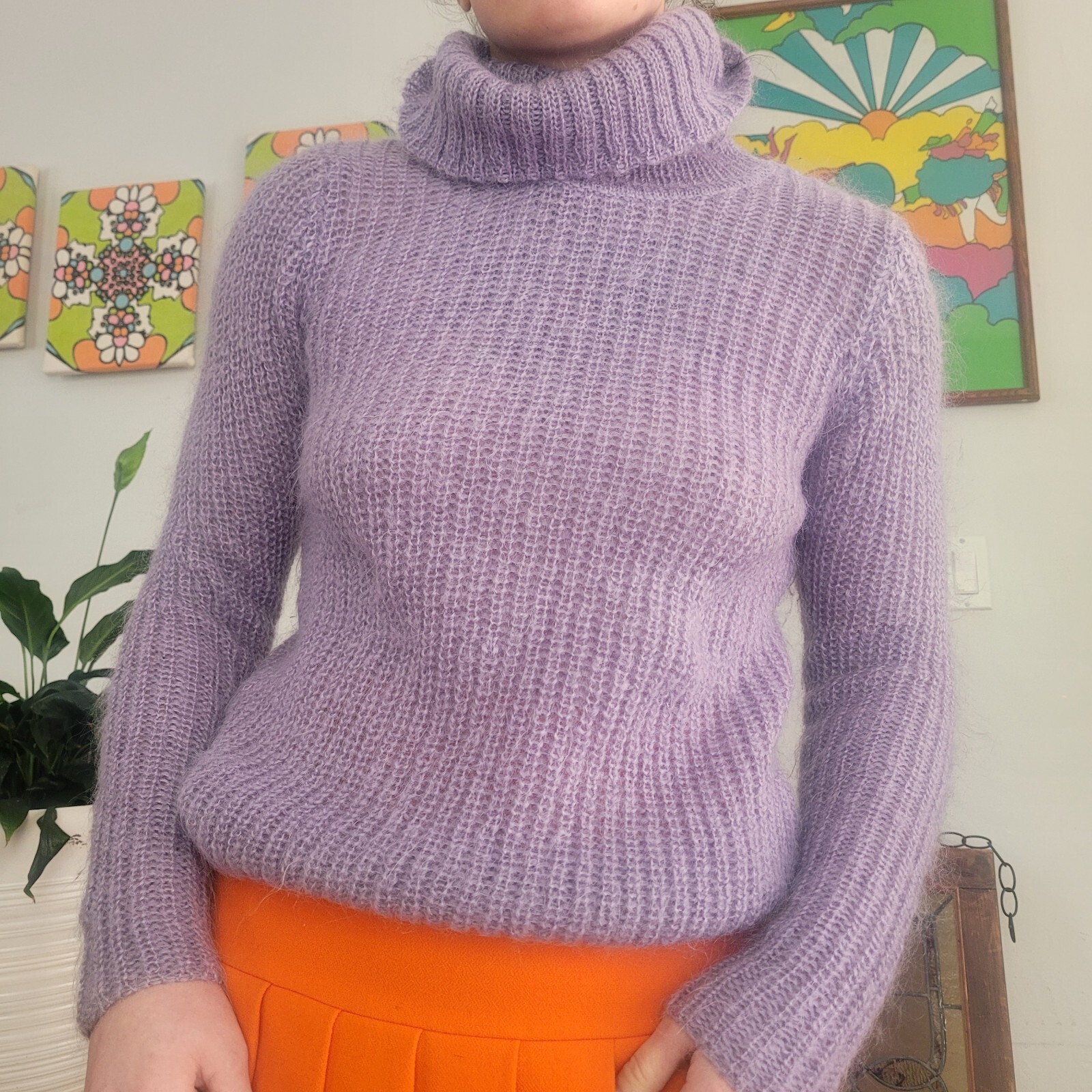 Vintage 80s Ralph Lauren Lavendar Knit Mohair Turtleneck Sweater XS Soft Pastel