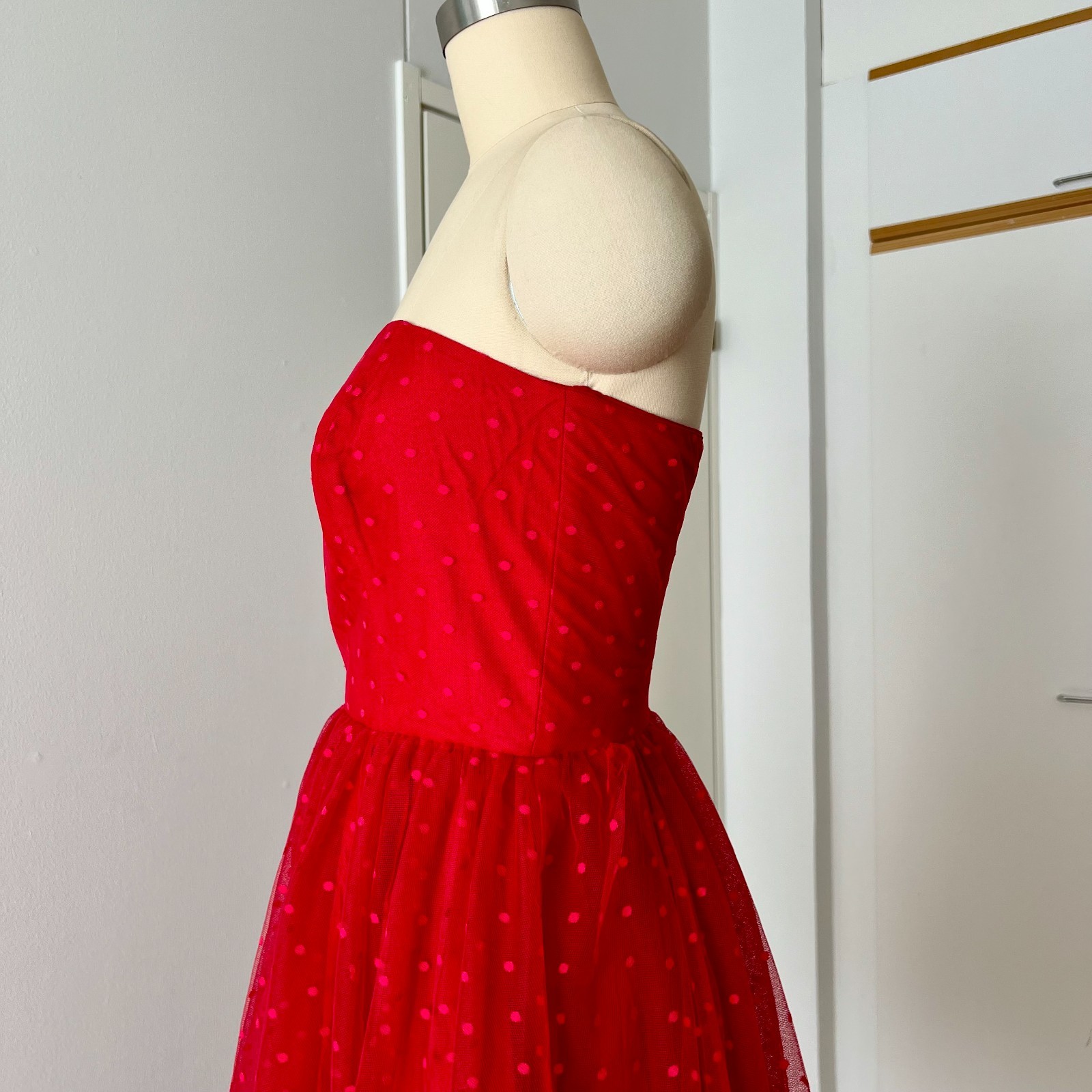 1980s VERA Mont Red Strapless Party Dress Polka Dot Tiered Midi Cocktail Prom