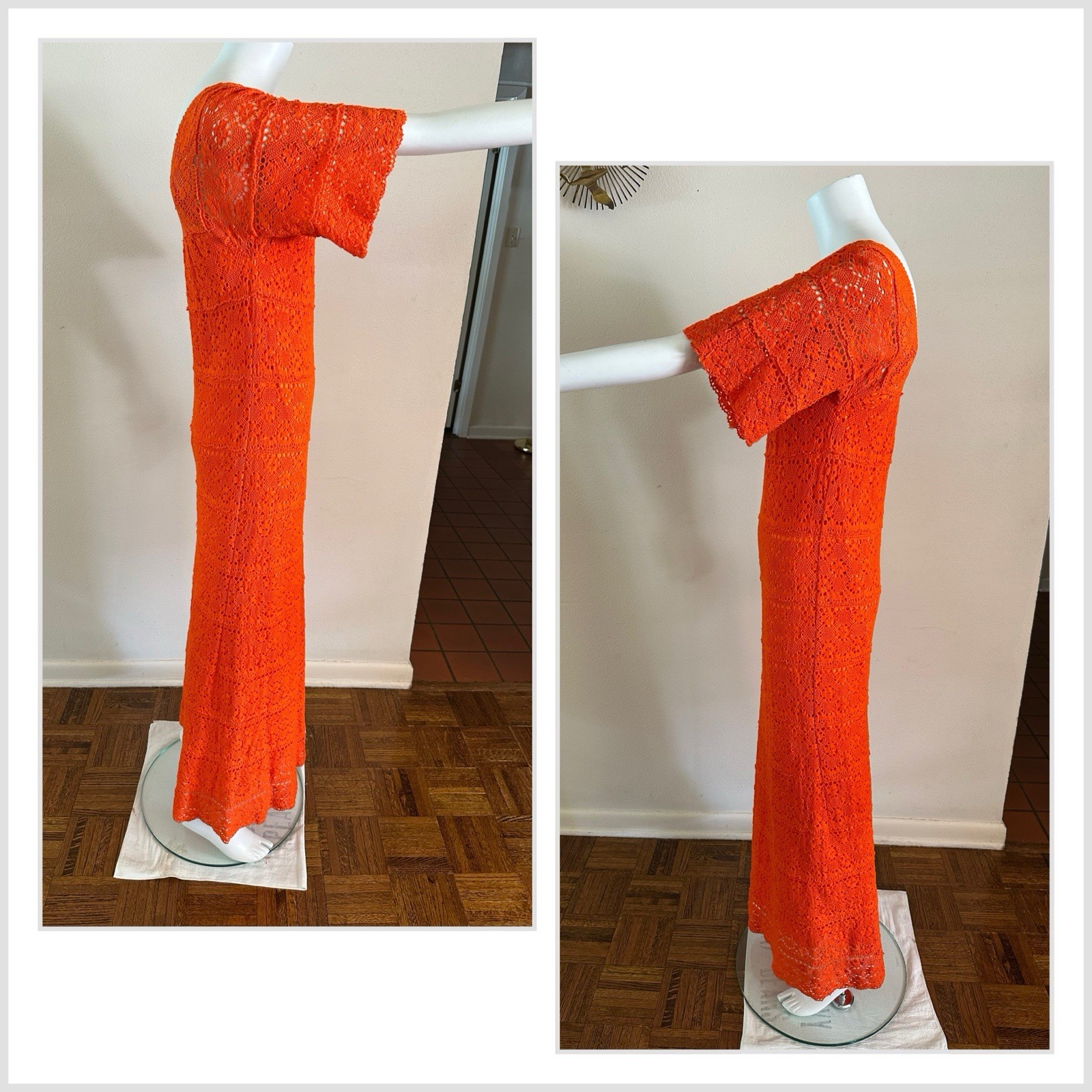 1970s Mexican Crochet Lace Maxi Dress Orange Cotton Boho Huipil XS S Vintage