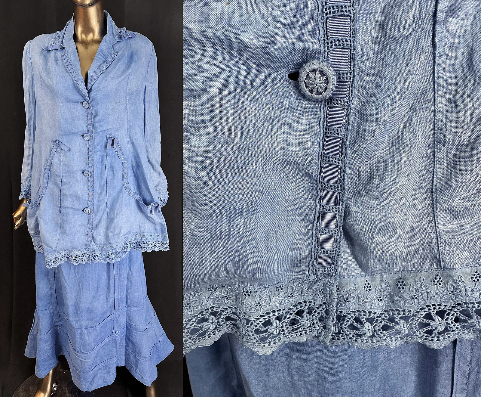 Edwardian Blue Chambray Linen Lace Ribbon Cutwork Walking Suit Jacket & Skirt