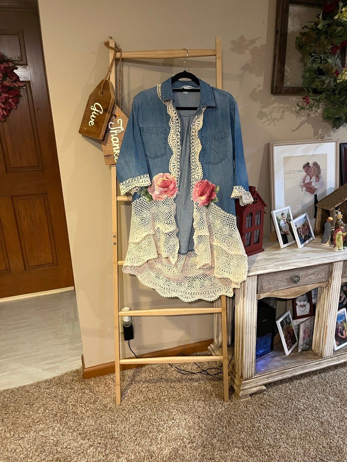 Upcycled by Melissa Denim Lace Jacket Dress Roses Cottagecore