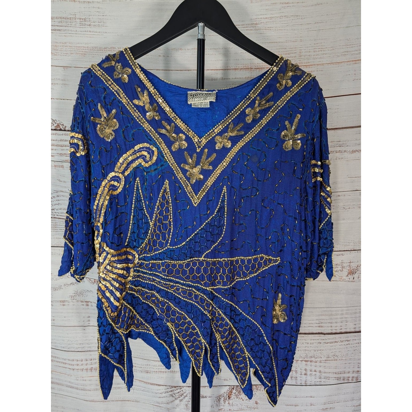 VTG Silk 3Pc Set Beaded Sequin Top Skirt Royal Blue Gold Art Deco Mermaidcore
