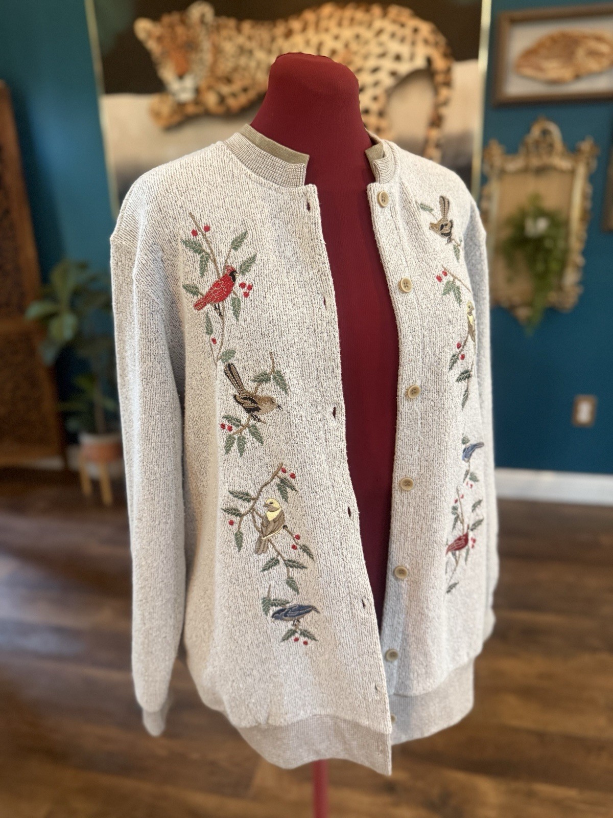 Vintage BonWorth Bird Cardinal Embroidered Cardigan Women Gray Grandmacore Med
