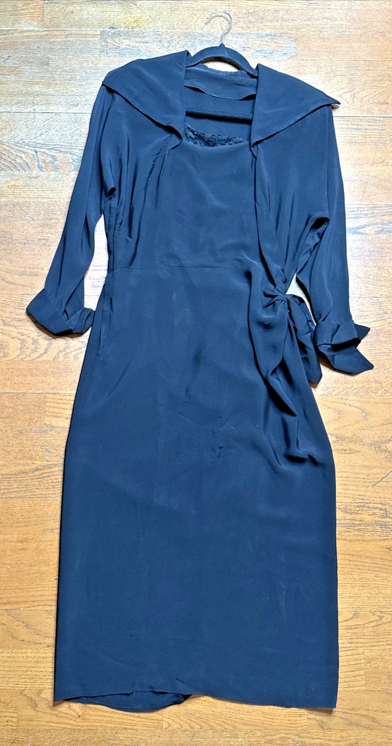 Vtg MCM 1950s Black Rayon Crepe Dress Dramatic Side Bow Faux Wrap – Wing Cuffs