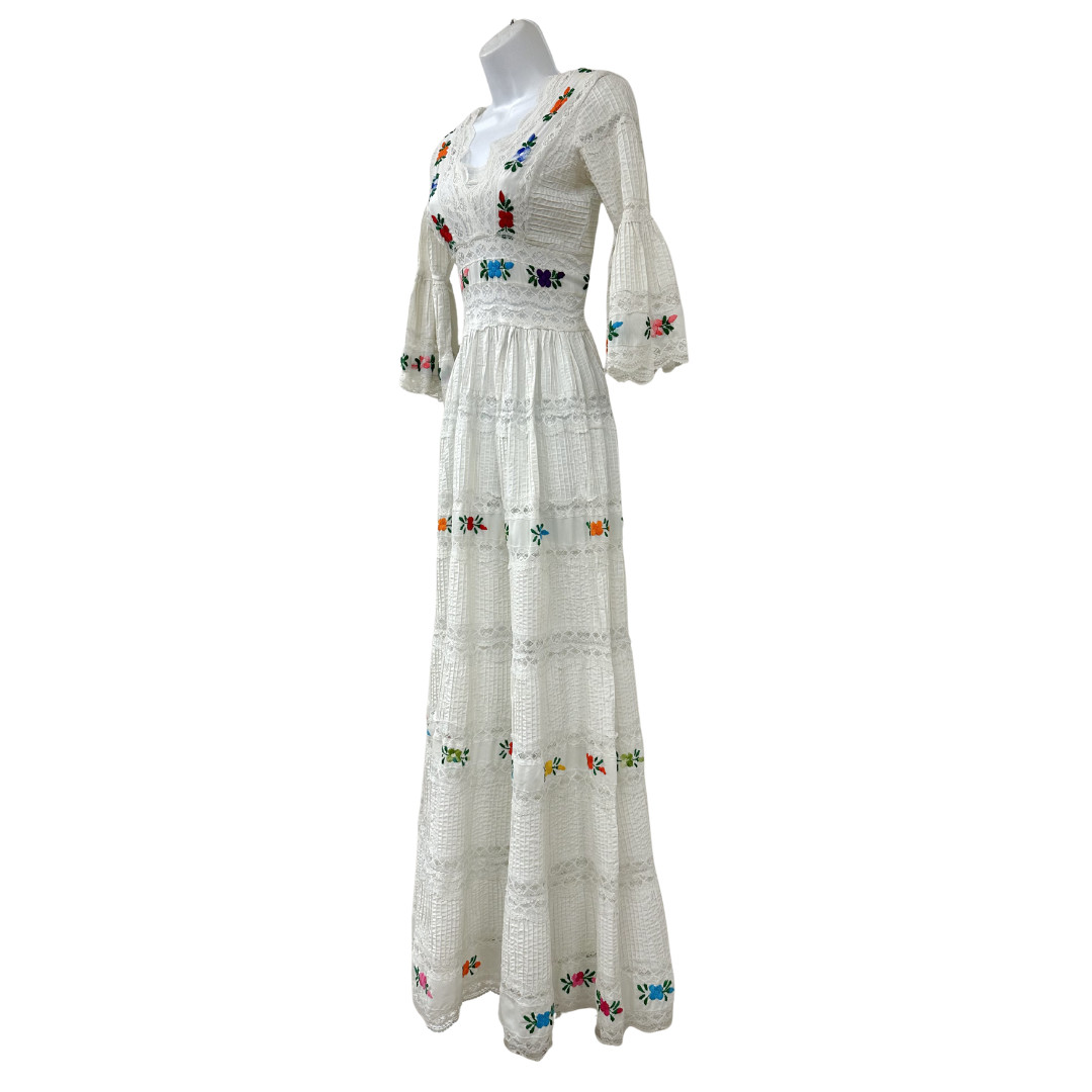 Vintage 1960s White Mexican Pintuck Floral Wedding Dress w Sheer Lace Detail