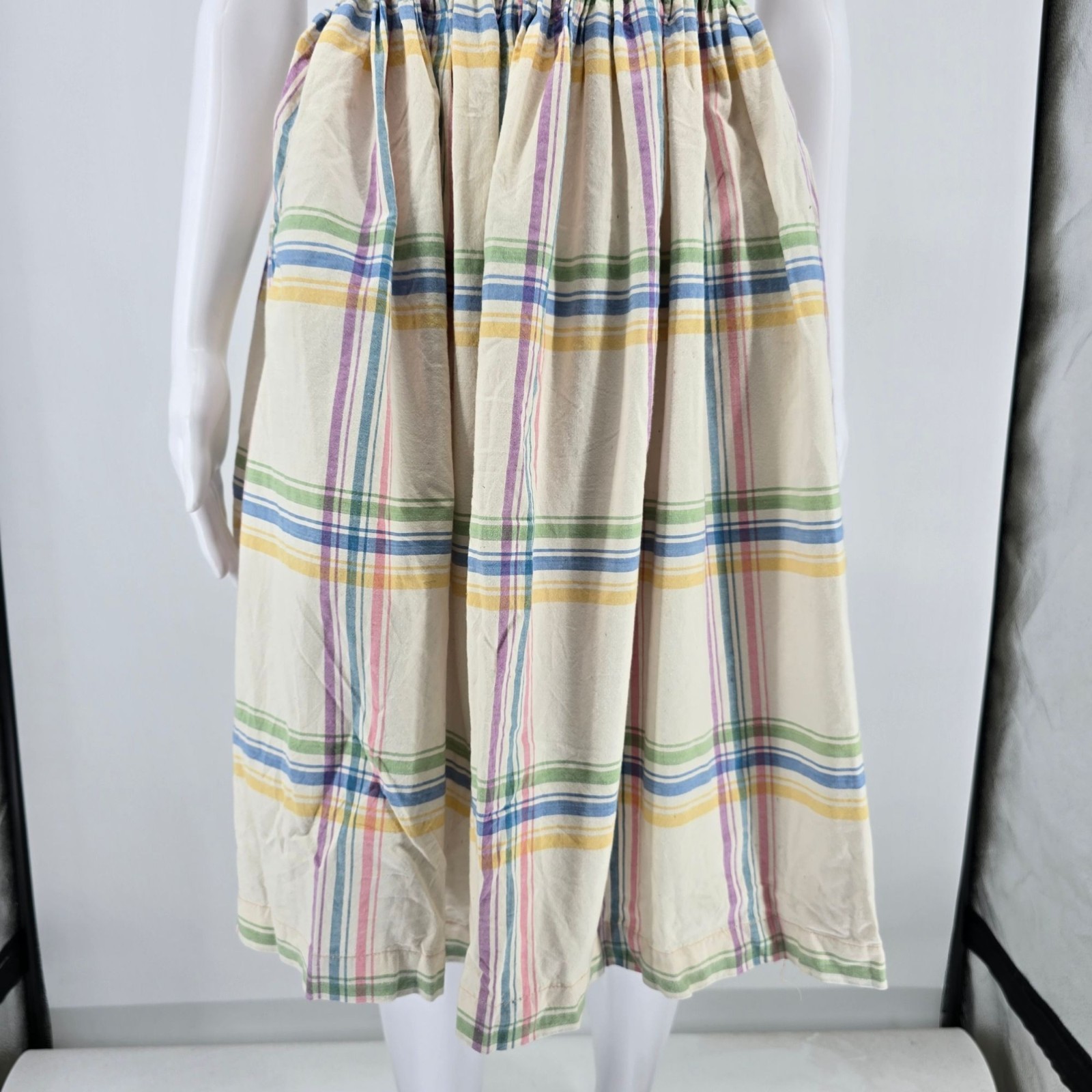 Vintage 1980s Pastel Plaid Sleeveless Suspender A-Line Pinafore Dress (S) *Flaws