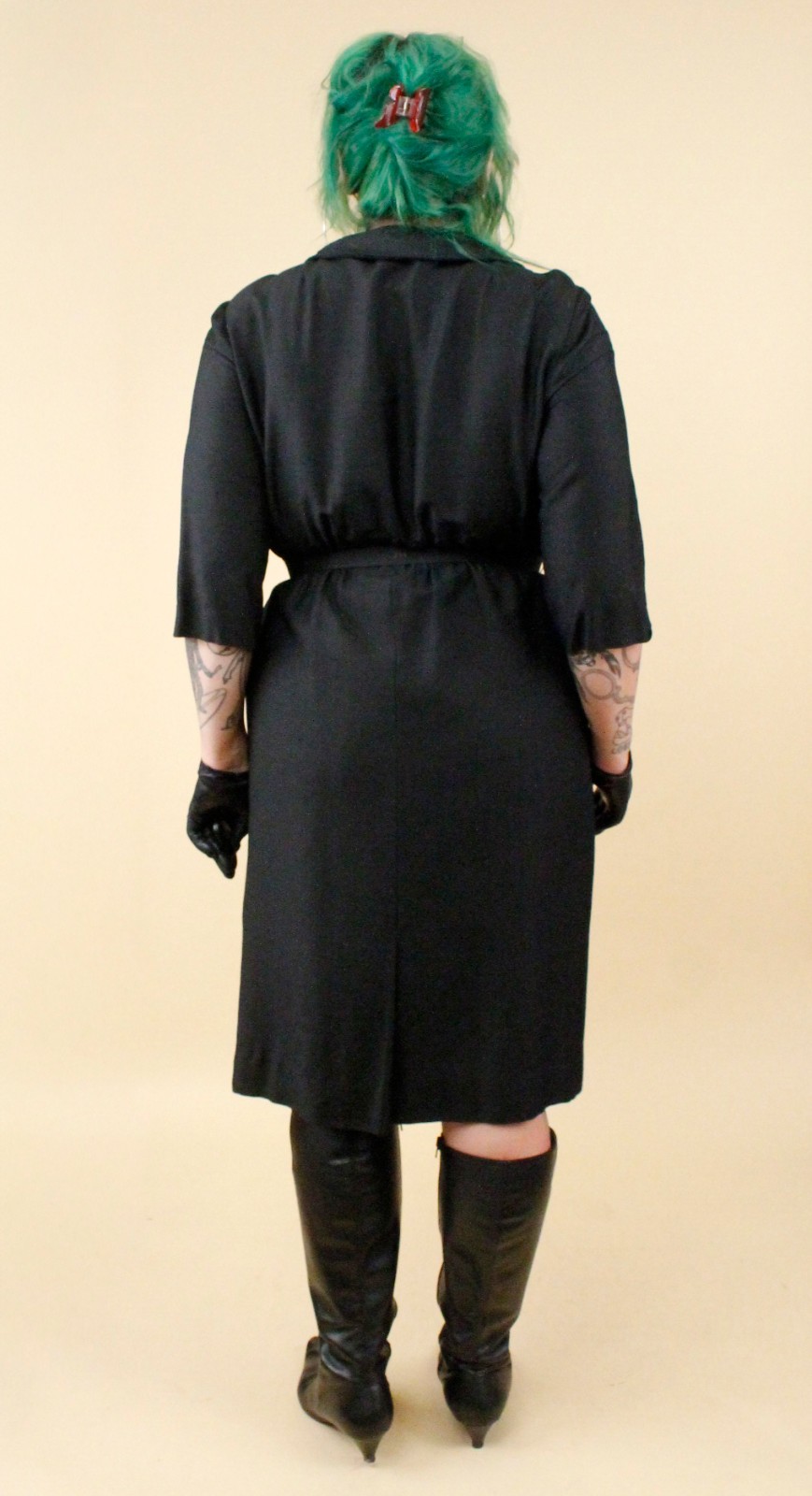 1950s Vtg Black Plus Size Volup Collared Sailor Button Dress Goth Pin Up 1X B48&Prime;