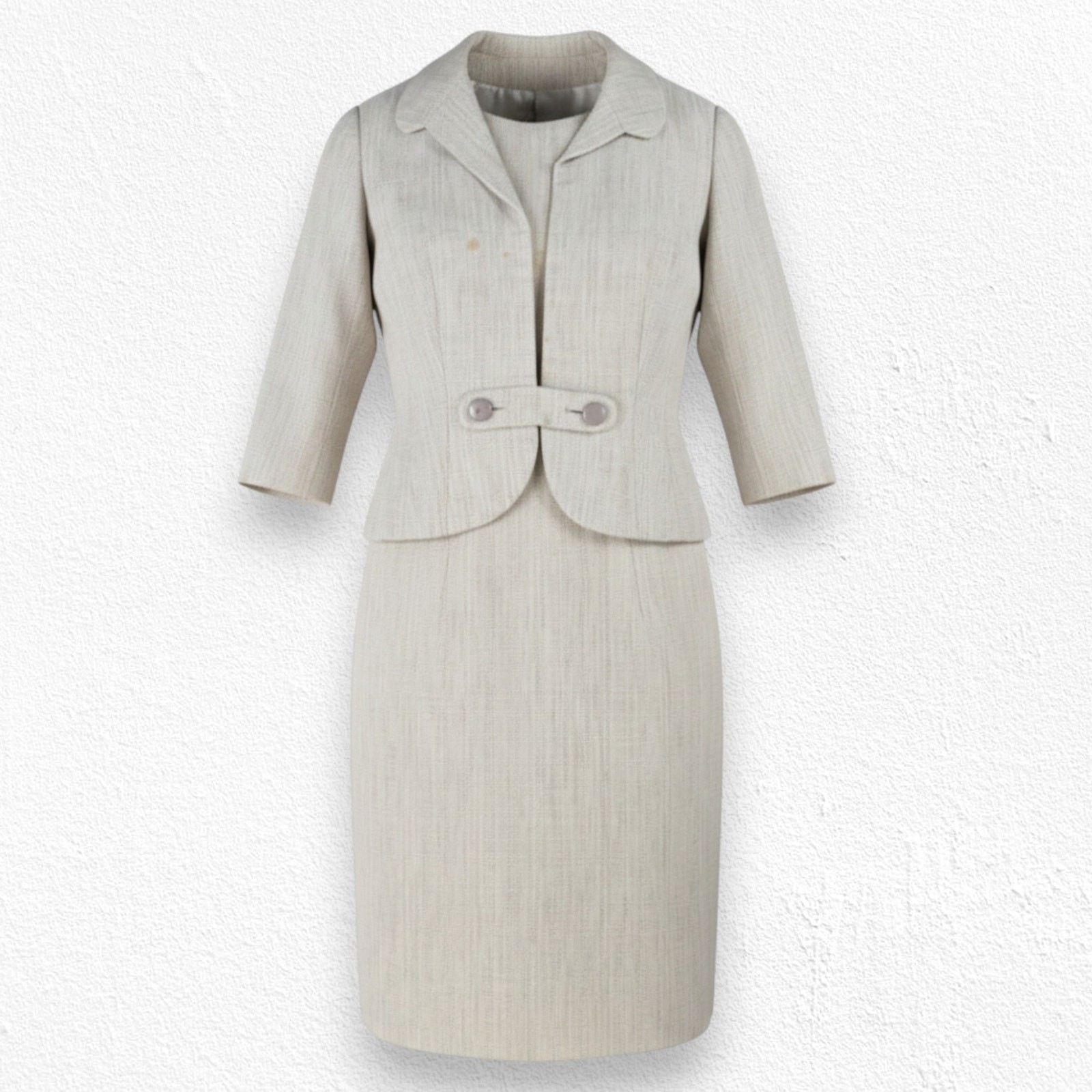 50s Vintage Adele Simpson Beige Tweed Blazer Sheath Classic Dress Set Size 2