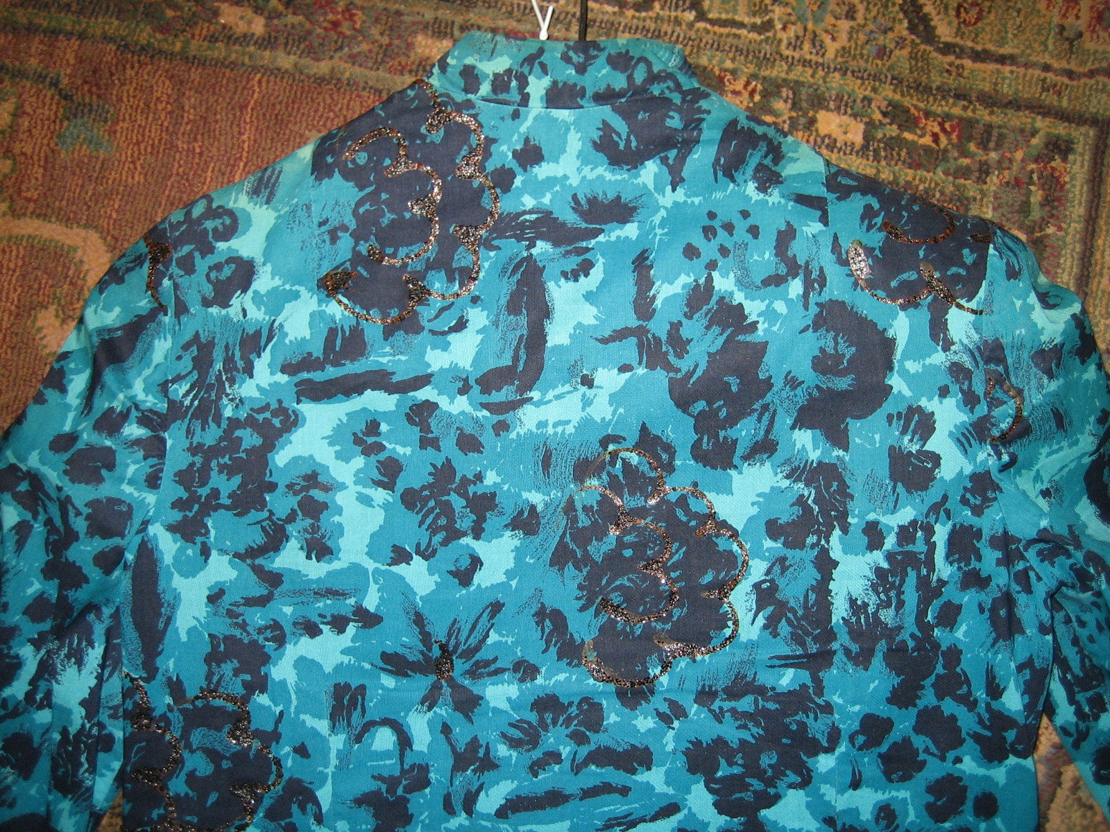 Vintage, Teal/Black Mandarin Collar Button Front 3/4 Sleeve Mini Dress/Tunic.
