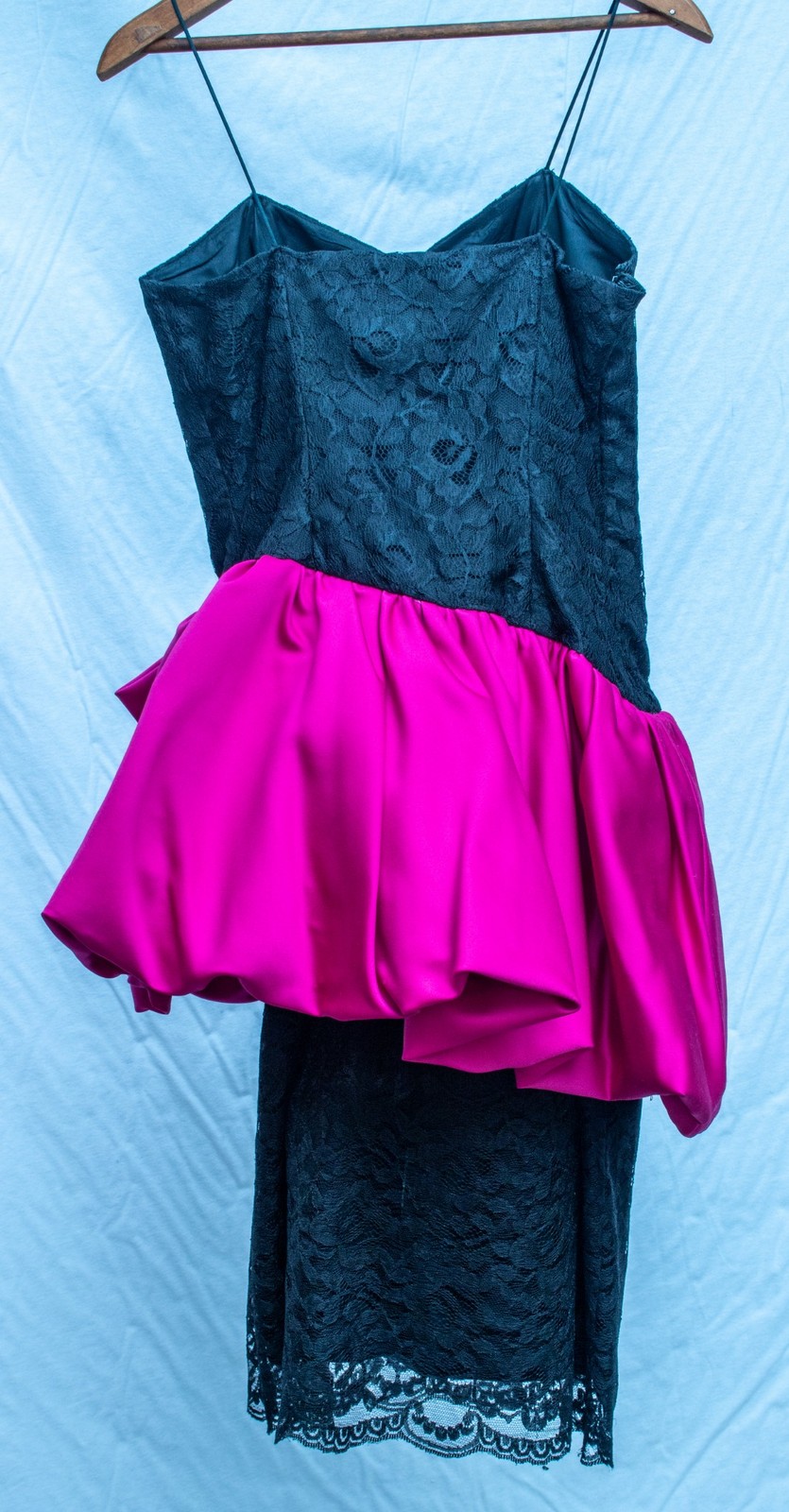 1980s Vintage Dress Black Lace Pink Peplum Cocktail Party Statement Boutique 8