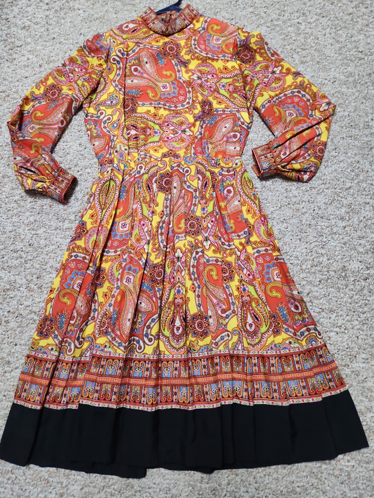 Vtg 60s Junior Accent/Frank Adams Pleated Dress Paisley Yellow Orange 12