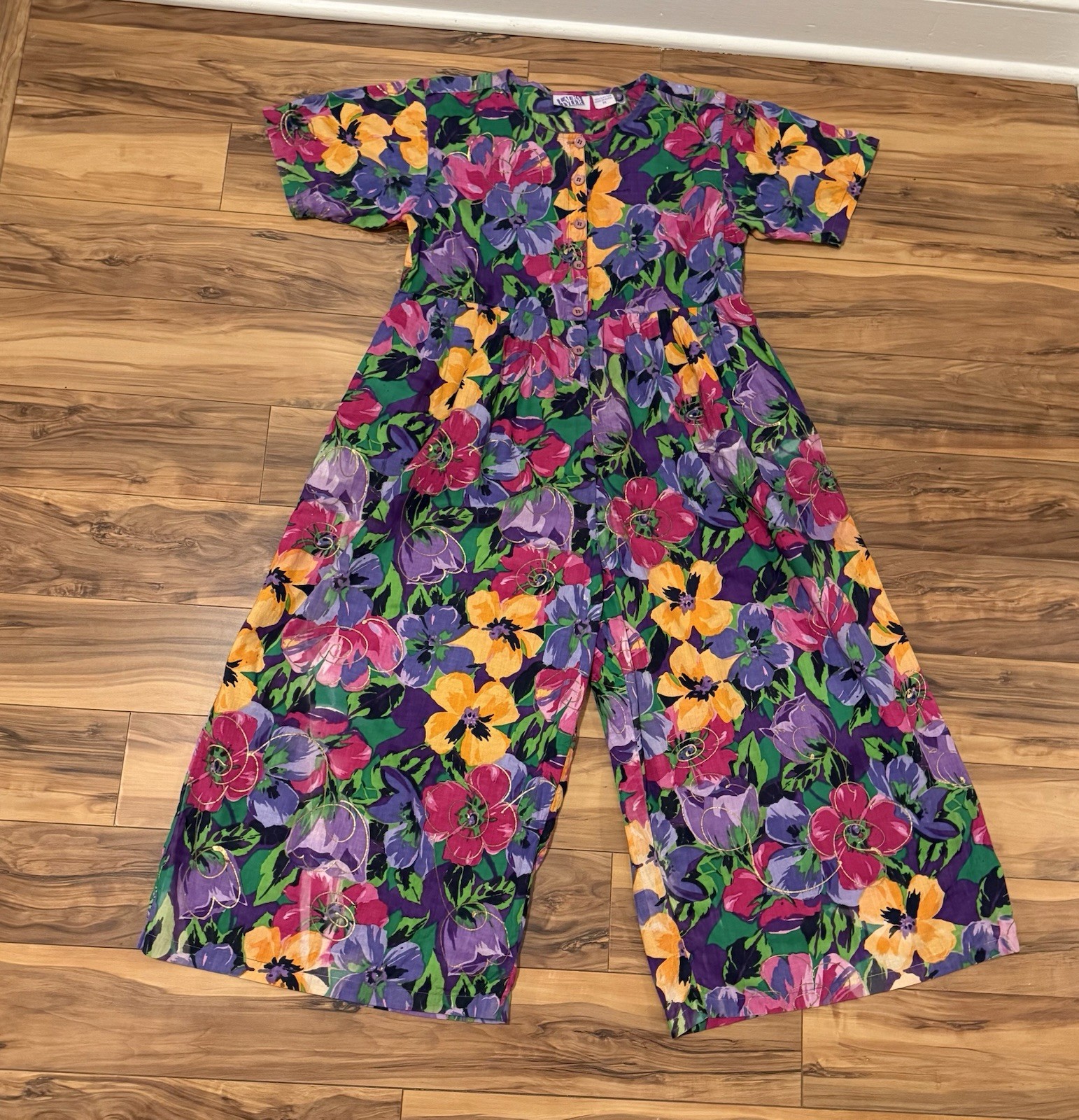 Vtg Ultra Wide Leg Floral Jumpsuit Crop Palazzo Pant 80s 90s Soft Cotton Nepal