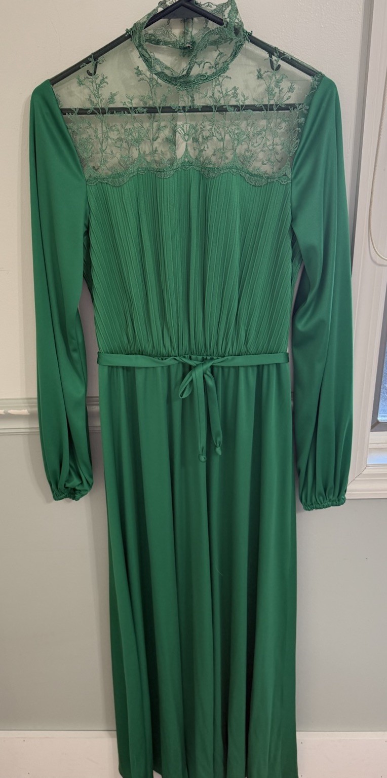 Vintage ILGWU 60&rsquo;s 70&rsquo;s Dress High Neck Lace Long Sleeves Pleated Green