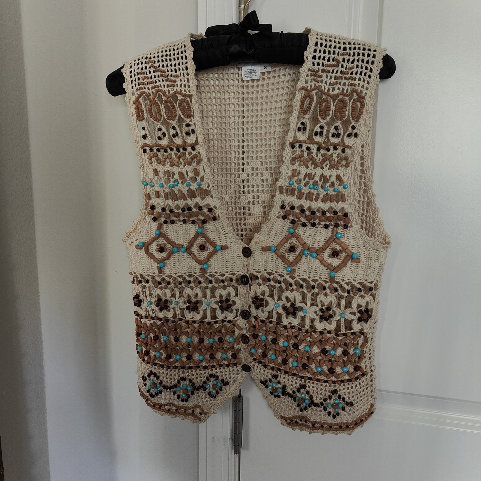 Ann Tjian for Kenar Macrame Wood Beaded Boho Festival Hippie Vest Small Petite