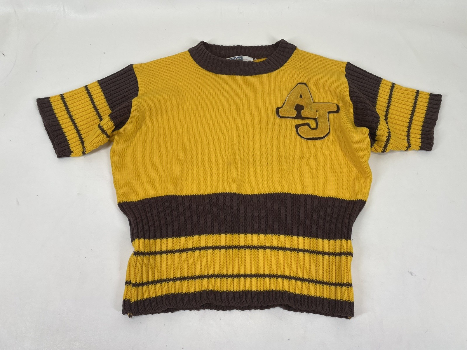 Cheerleading Sweater VTG Dehen Acrylic Knit Womens Size L Yellow Brown Stripe AJ