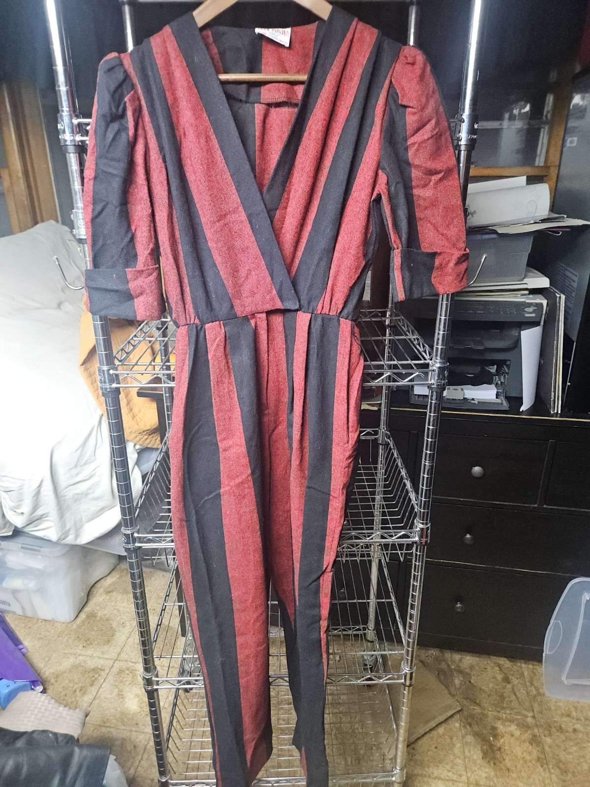 Vintage 80s Red & Black Striped Pantsuit w Pockets Size Small By Diamond Run
