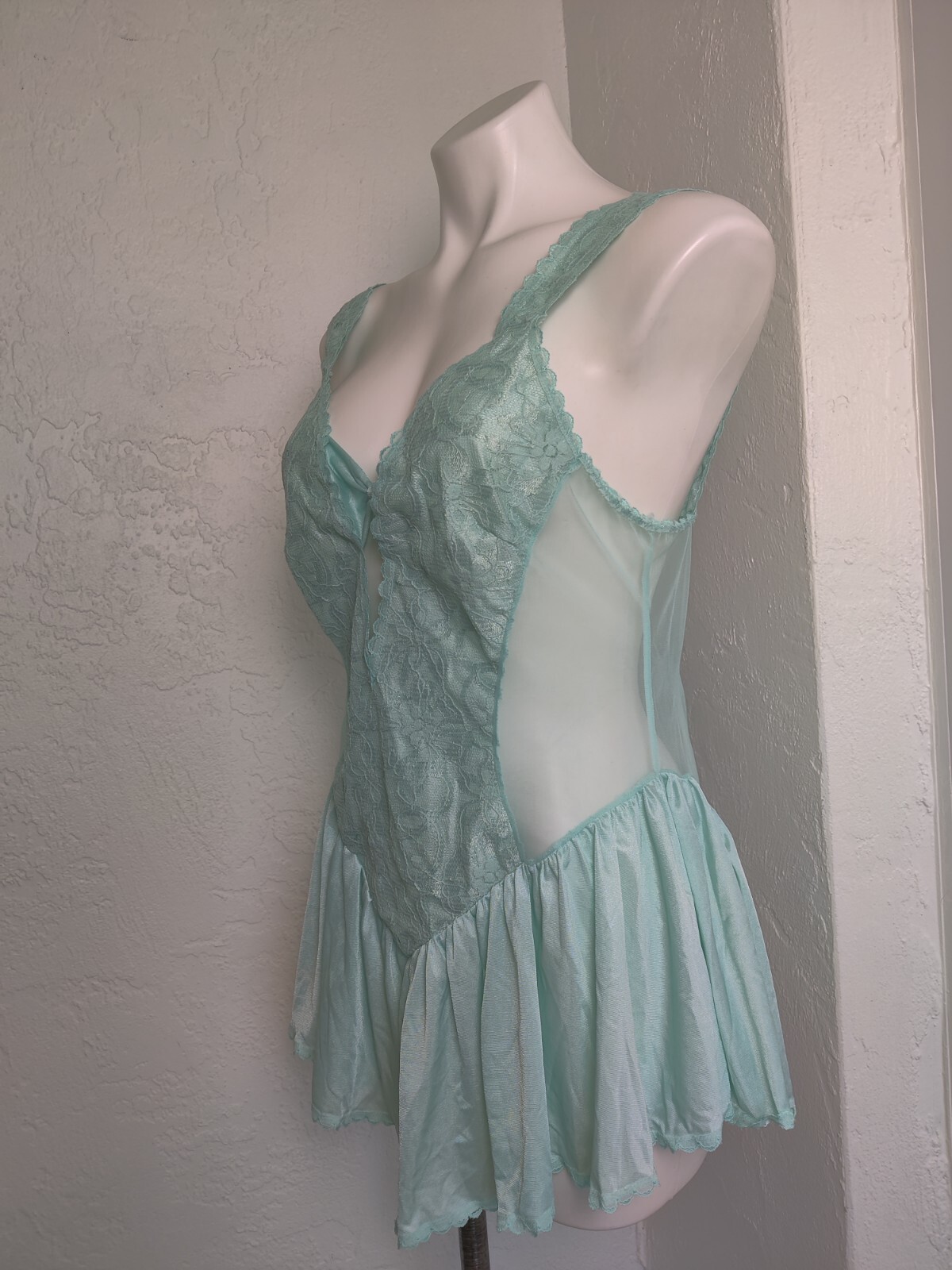 Vintage Alana Gale Large Sexy Babydoll 4663 Nightie Ruffle Lace Chiffon Aqua EVC
