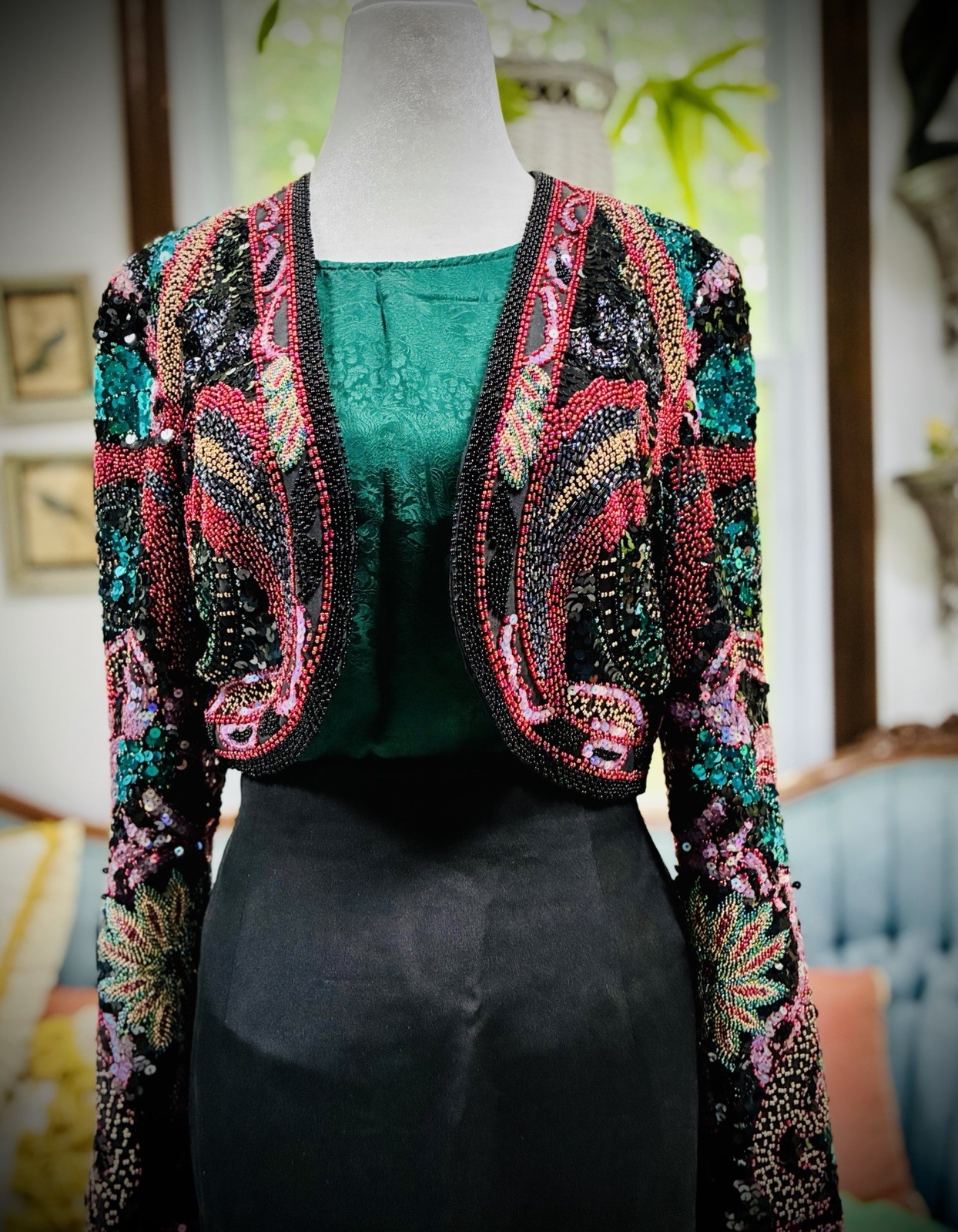 Vntg ‘80s A.J. Bari Silk Beaded Sequin Cropped Bolero Jacket S MFormal Cocktail