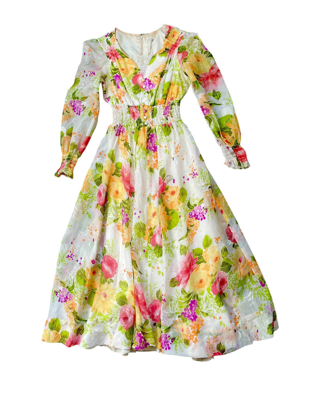 True Vintage 70s Floral Maxi Dress Day Glo Small Handmade