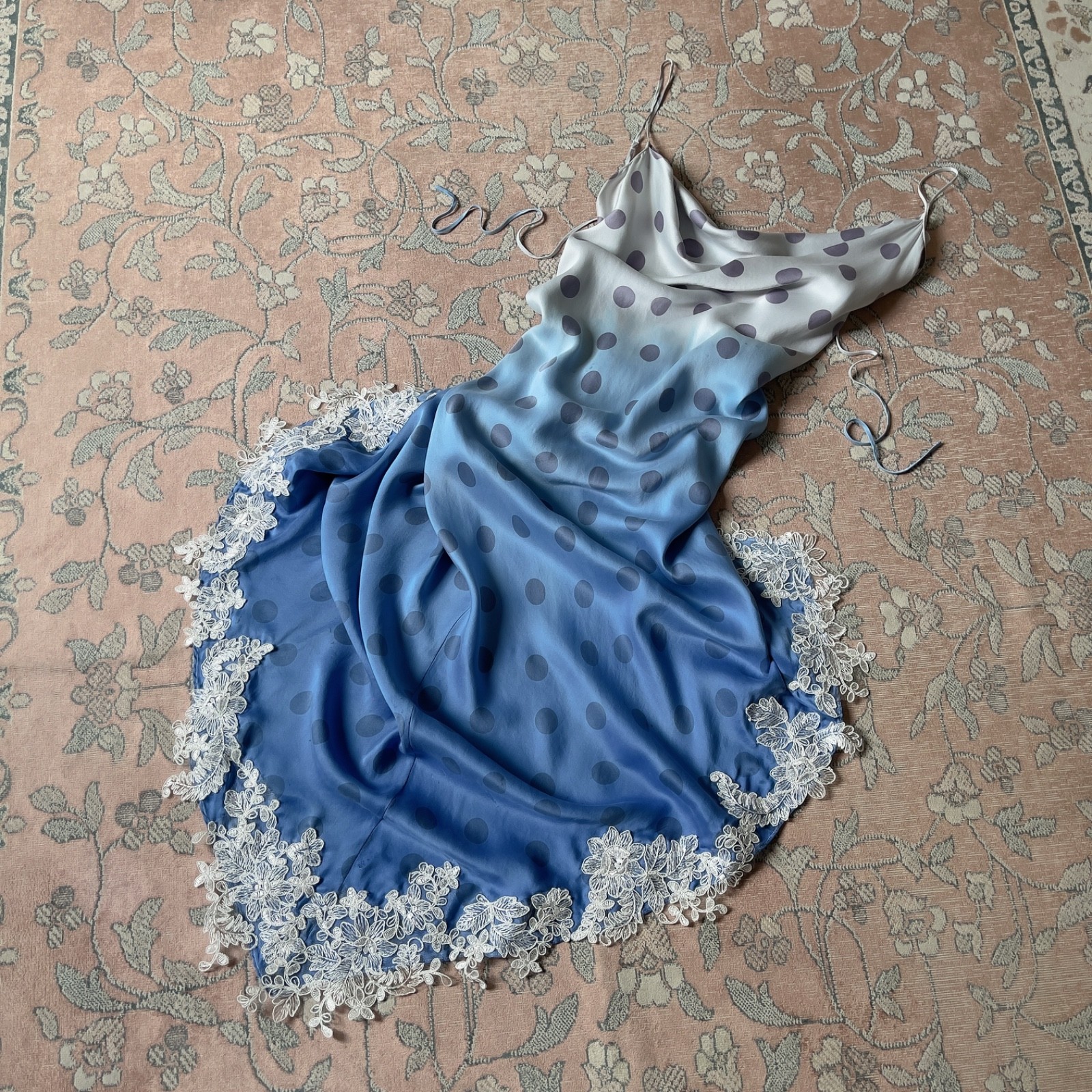 Vintage Pale Lavender & Hand-Dyed Blue Silk Polka Dot Slip Dress (S–M)