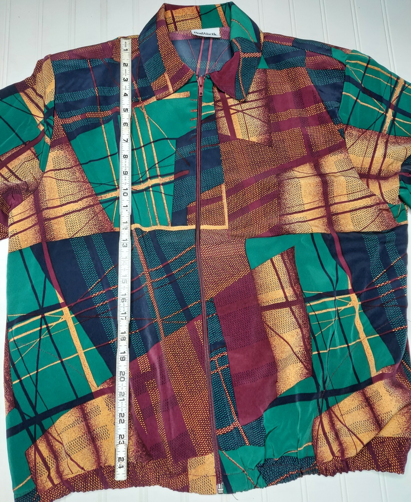 Vtg Bonworth Silky Bomber Jacket Geometric Print Multicolor Zip-Up Sz: Med/LG?